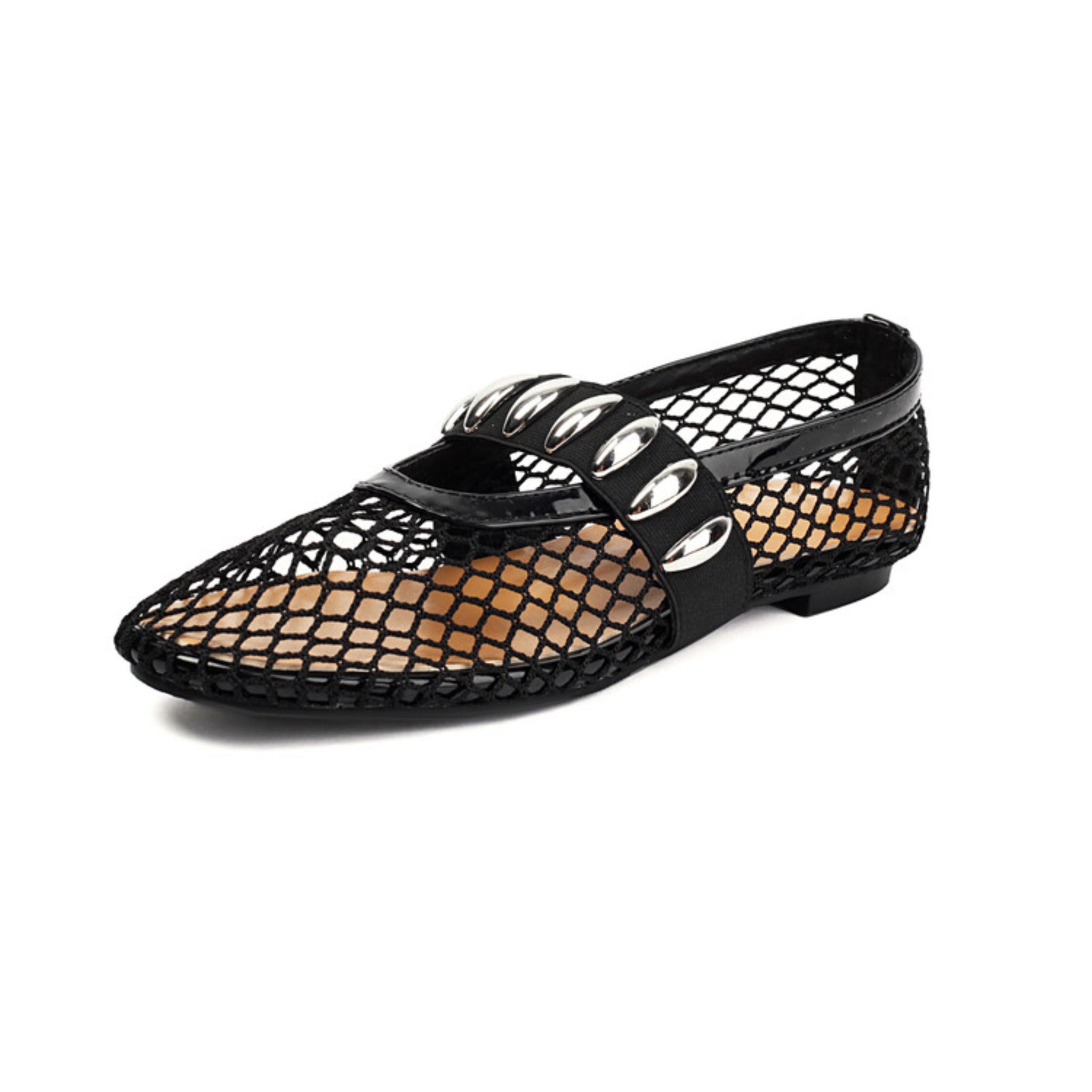 Chic Fishnet Pointed Toe Flats Black Sandals for Women