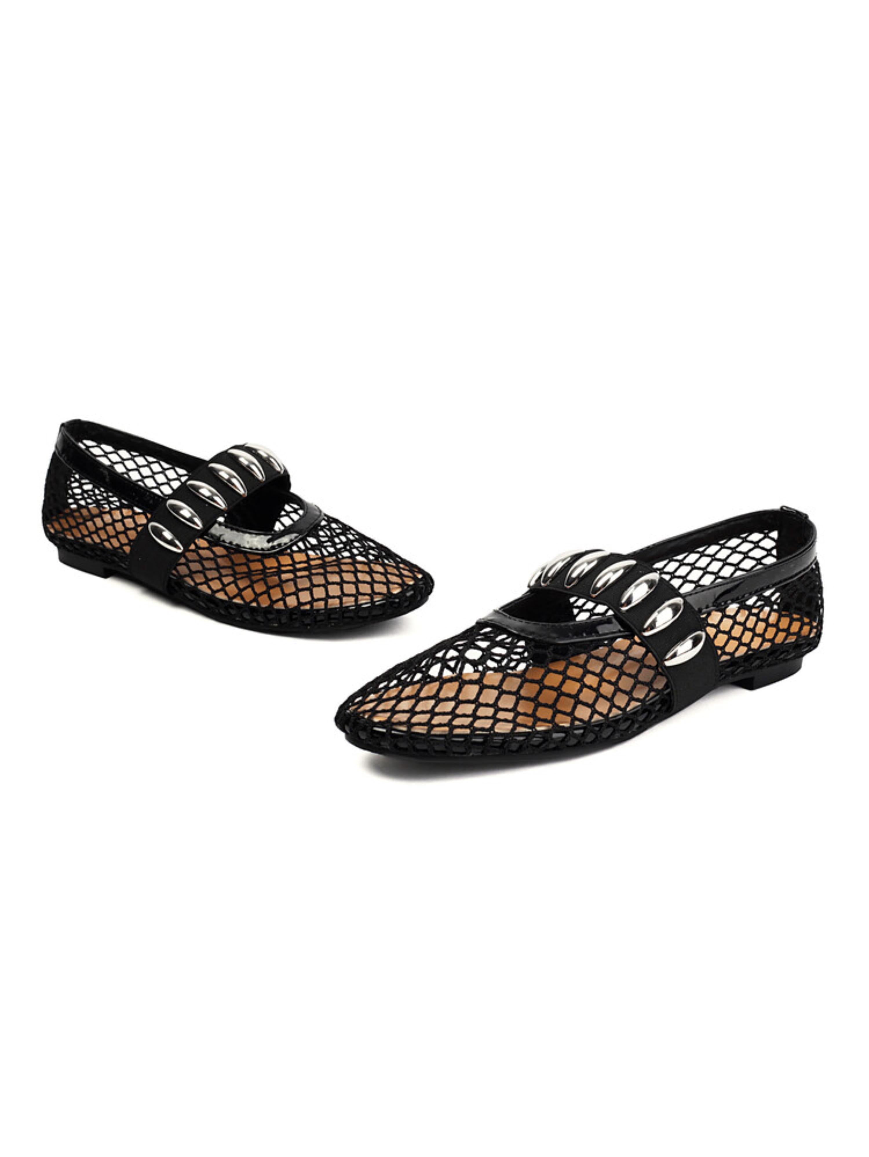 Chic Fishnet Pointed Toe Flats Black Sandals for Women
