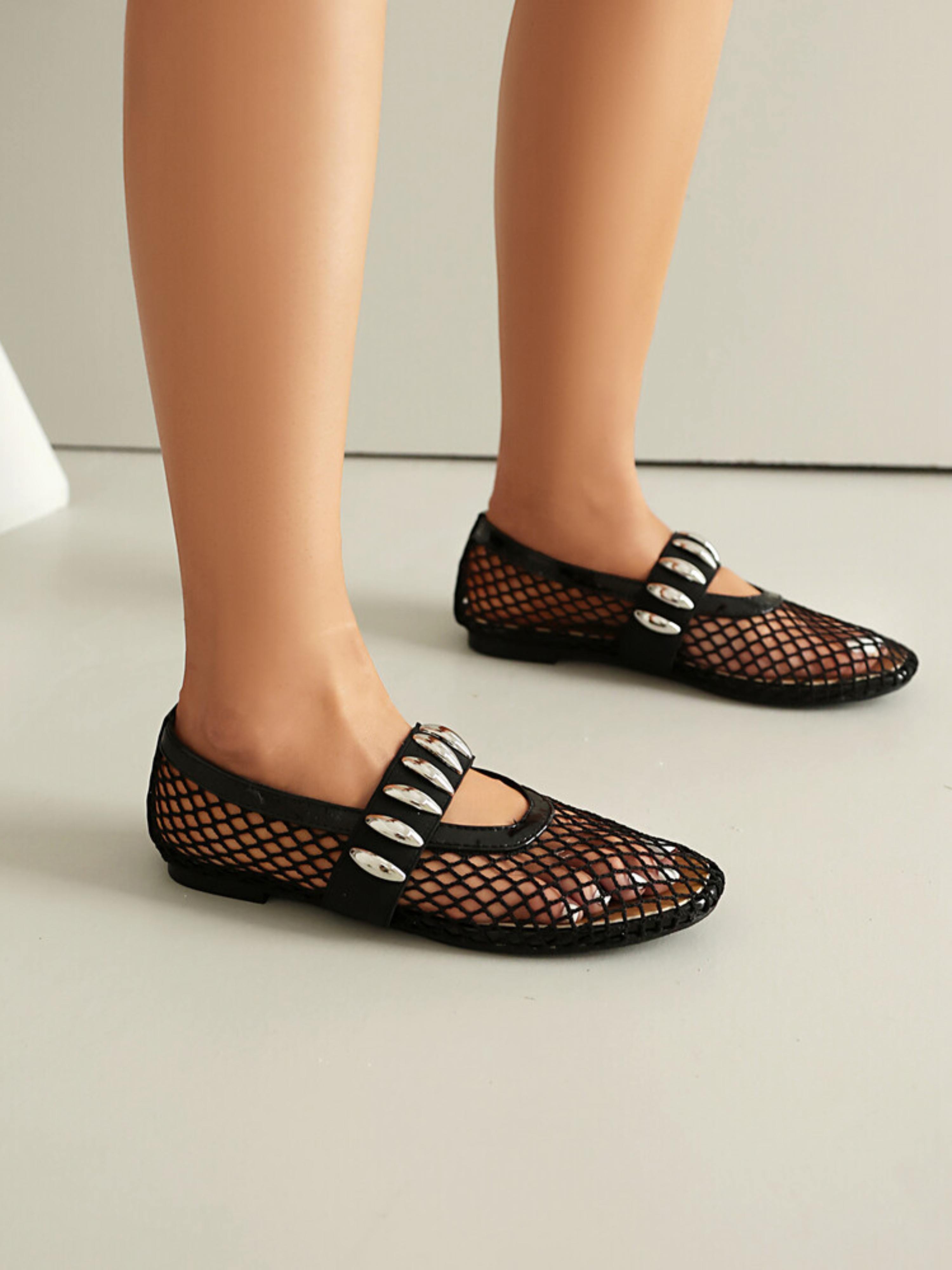 Chic Fishnet Pointed Toe Flats Black Sandals for Women