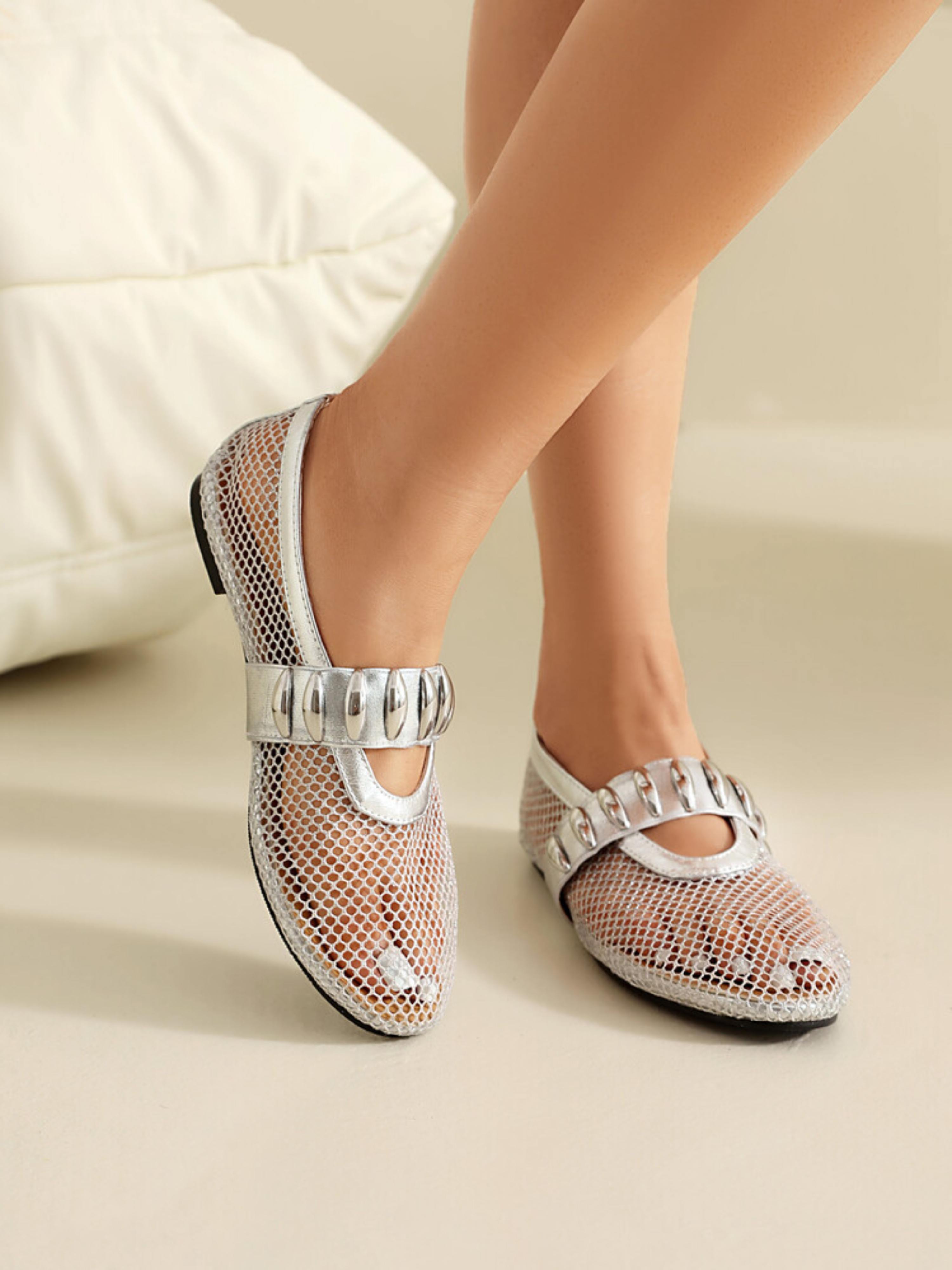 Shimmer Silver with Mettalic Embellishment Women's Flat Sandals