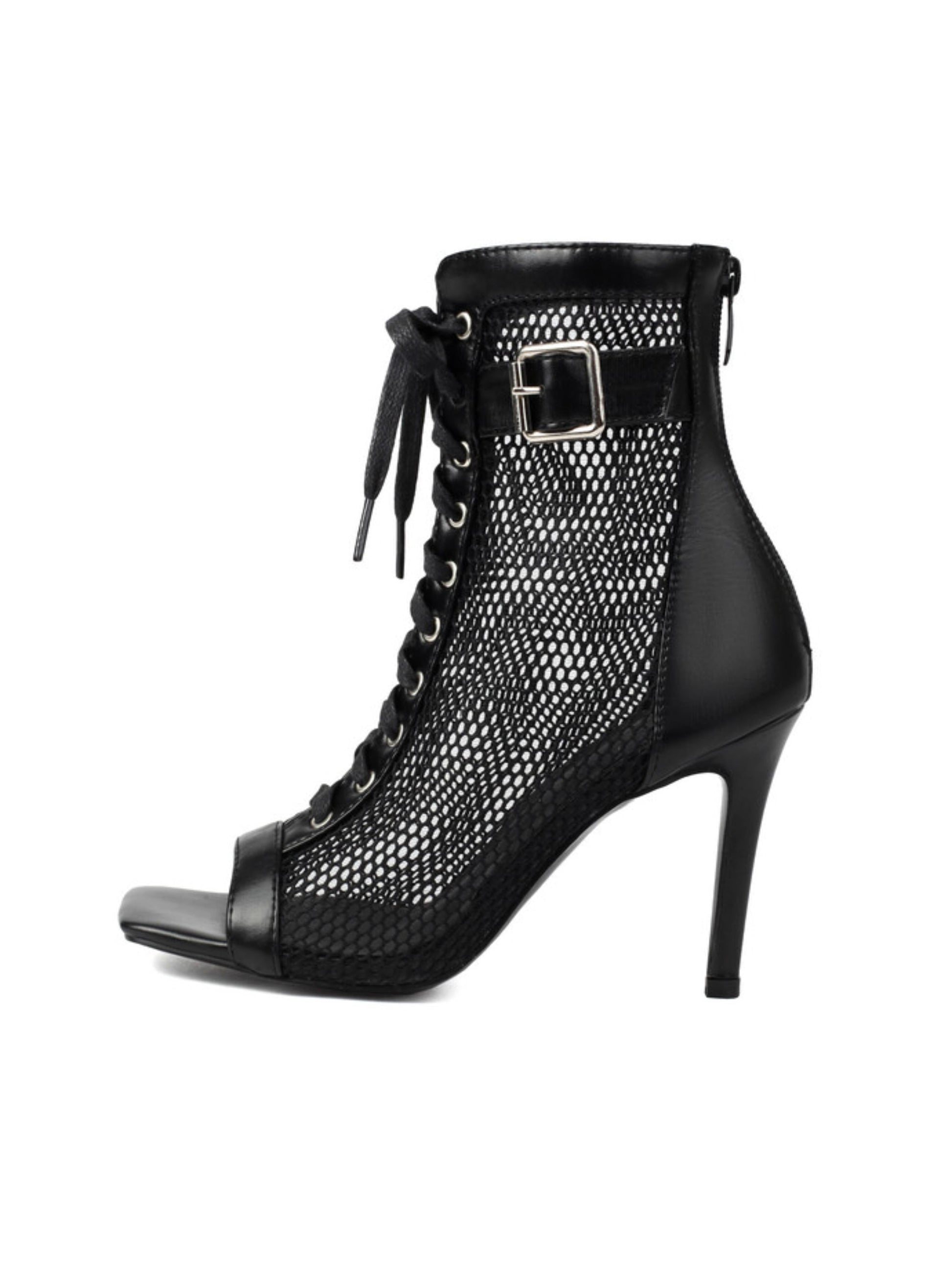 Black high-heeled lace-up boot with mesh design