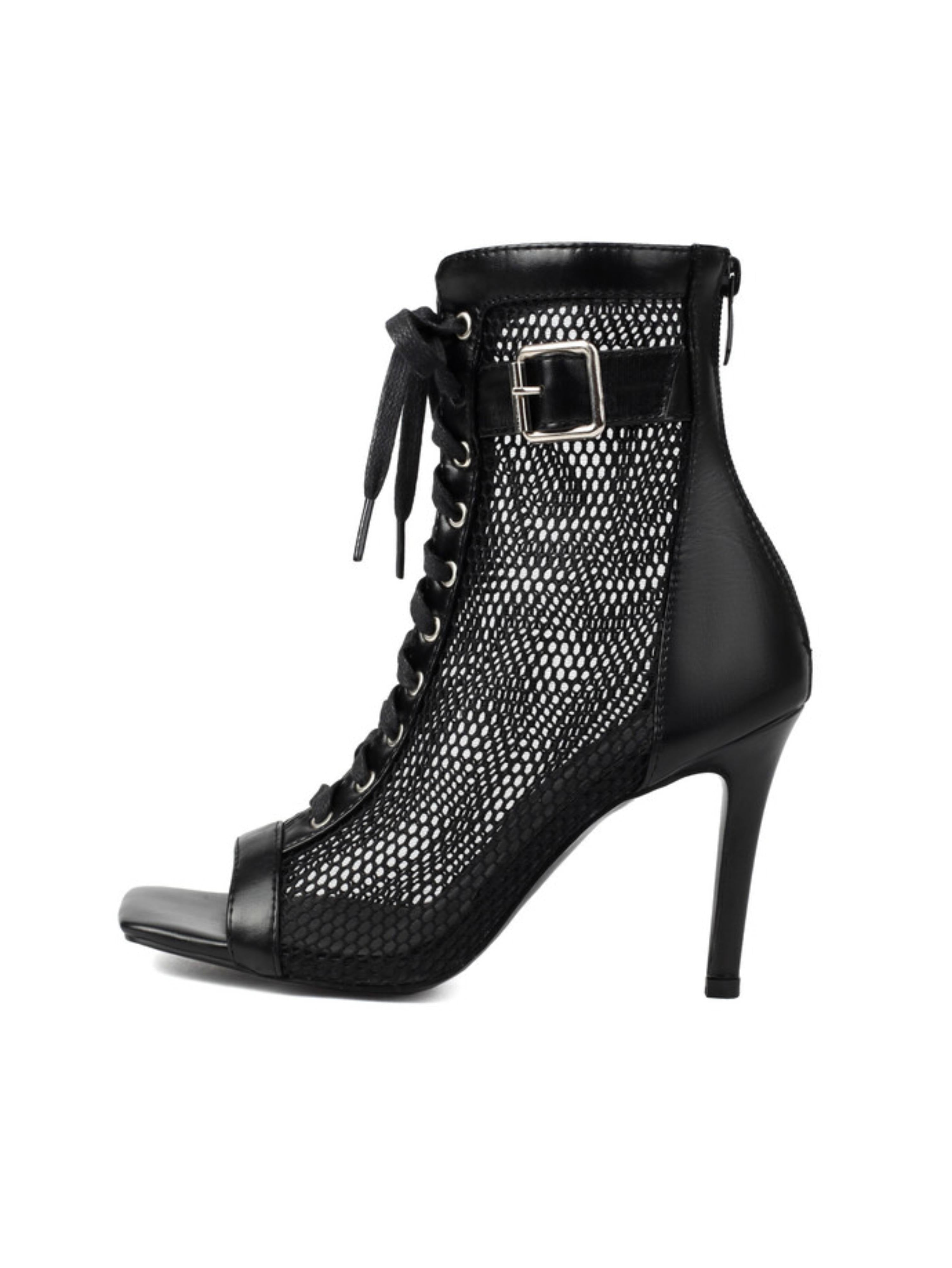 Black high-heeled lace-up boot with mesh design