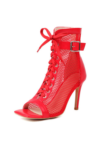 Red high-heeled shoe with mesh design and bow
