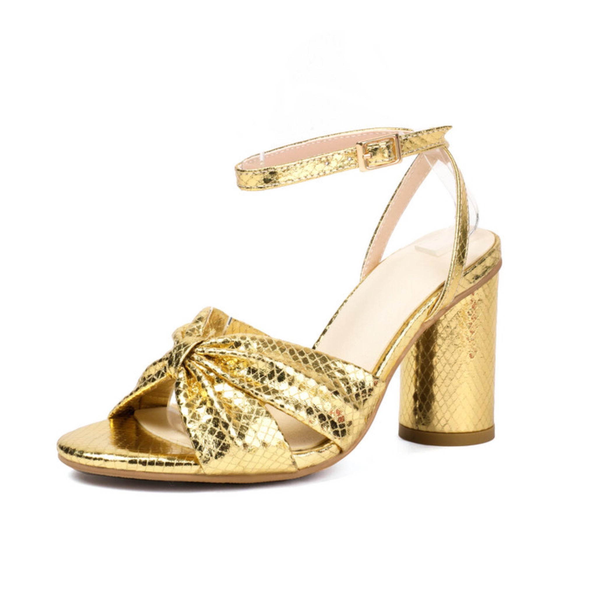 Gold high-heeled sandal with a bow