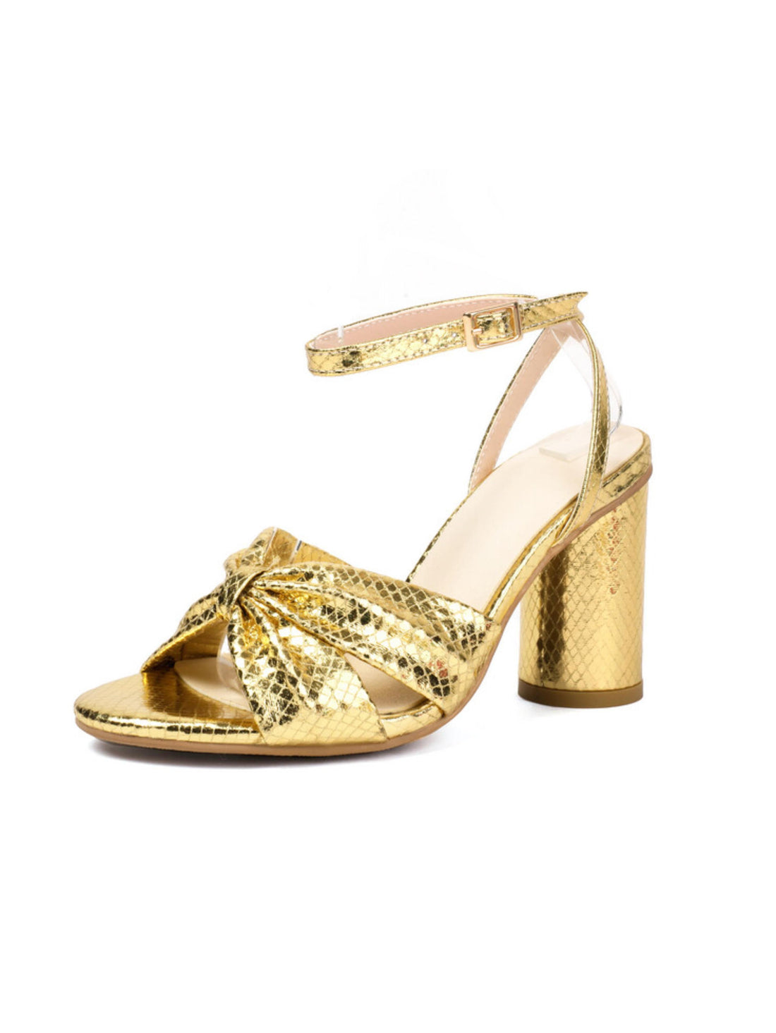 Gold high-heeled sandal with a bow