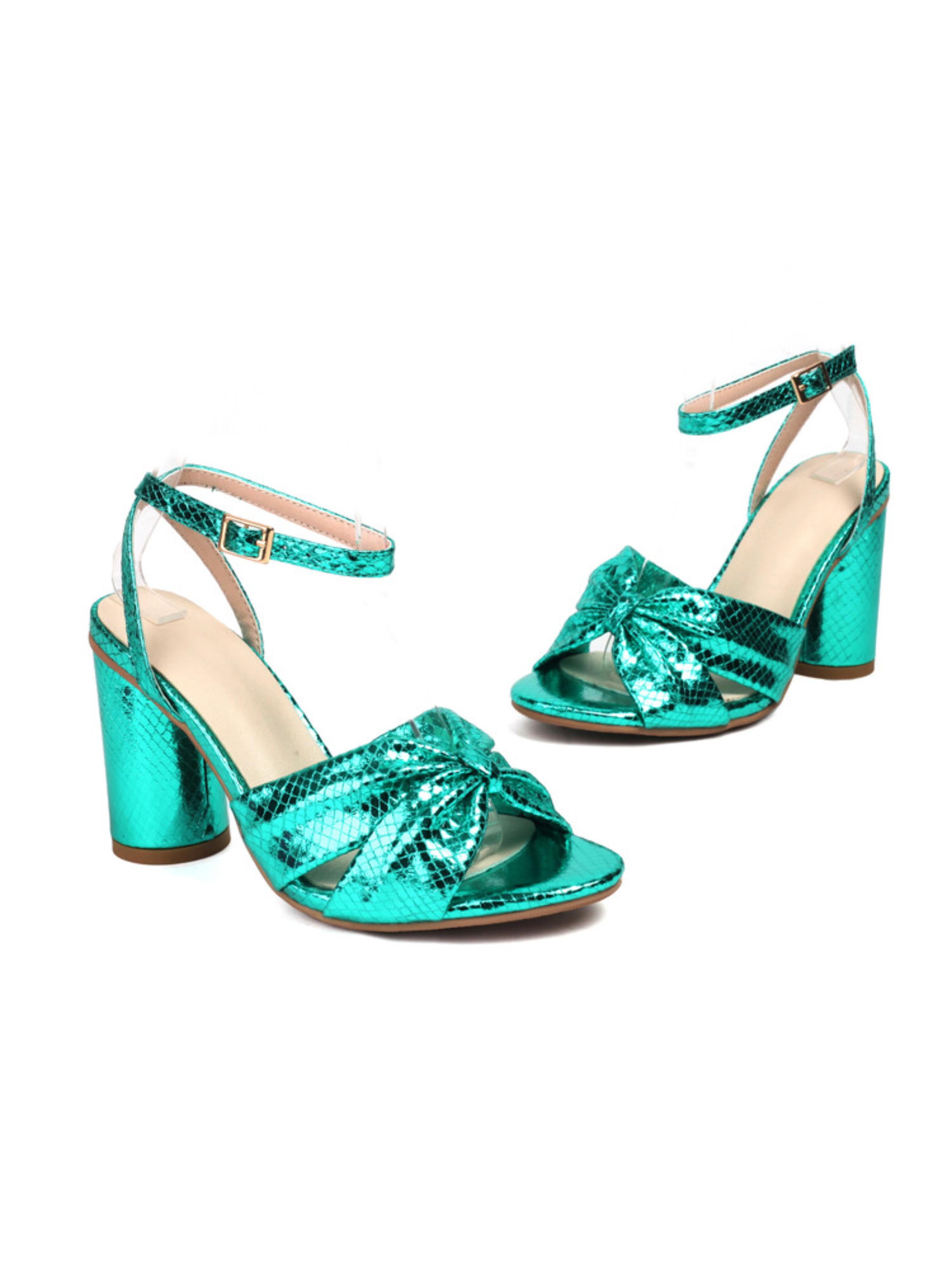 Emerald Shine Knotted Block Heel Women's Sandals