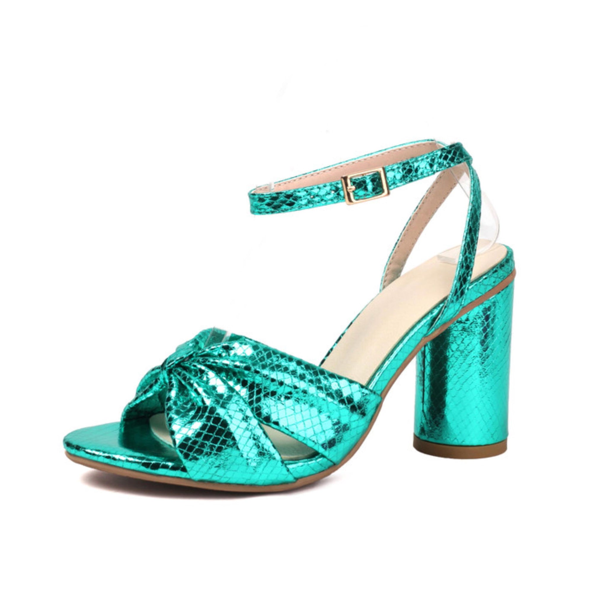 Turquoise high-heeled sandal with snake print