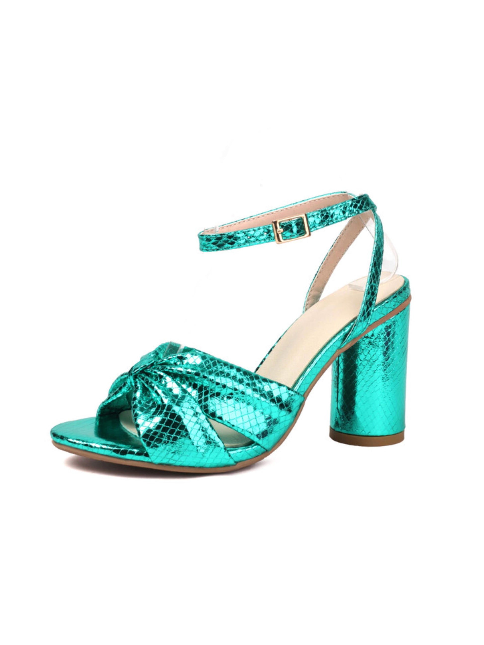 Turquoise high-heeled sandal with snake print