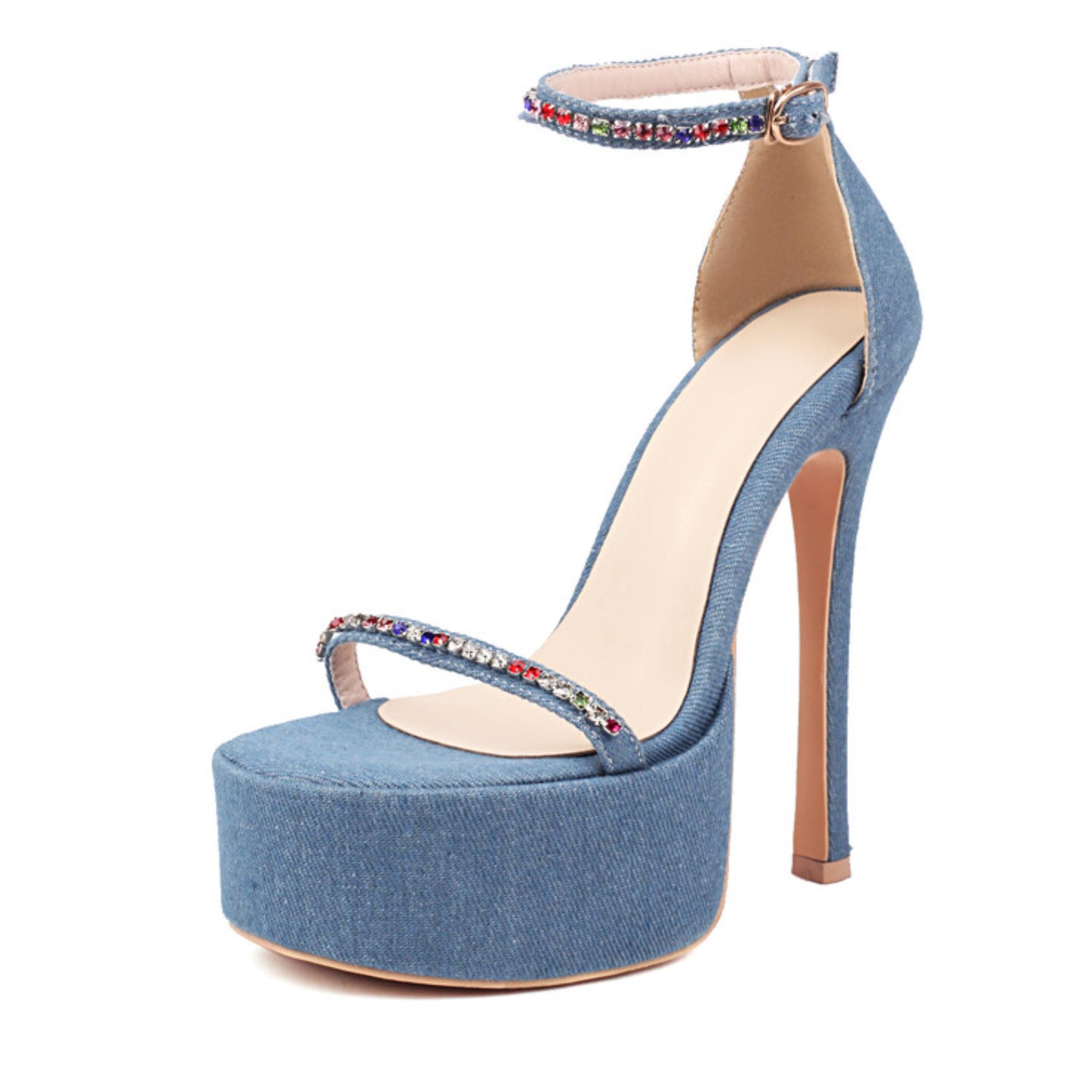Blue denim high-heeled sandal with multicolor beading