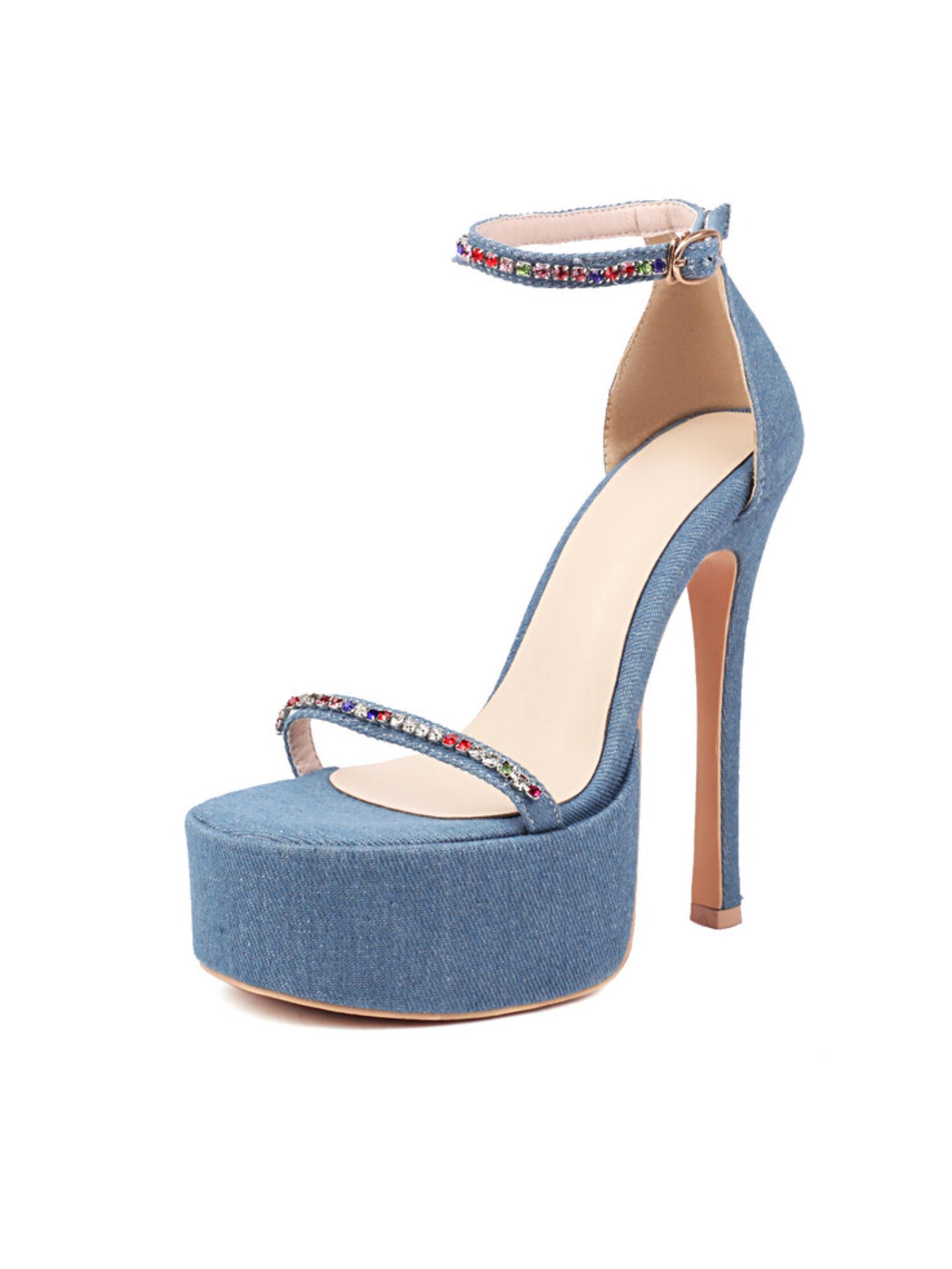 Blue denim high-heeled sandal with multicolor beading