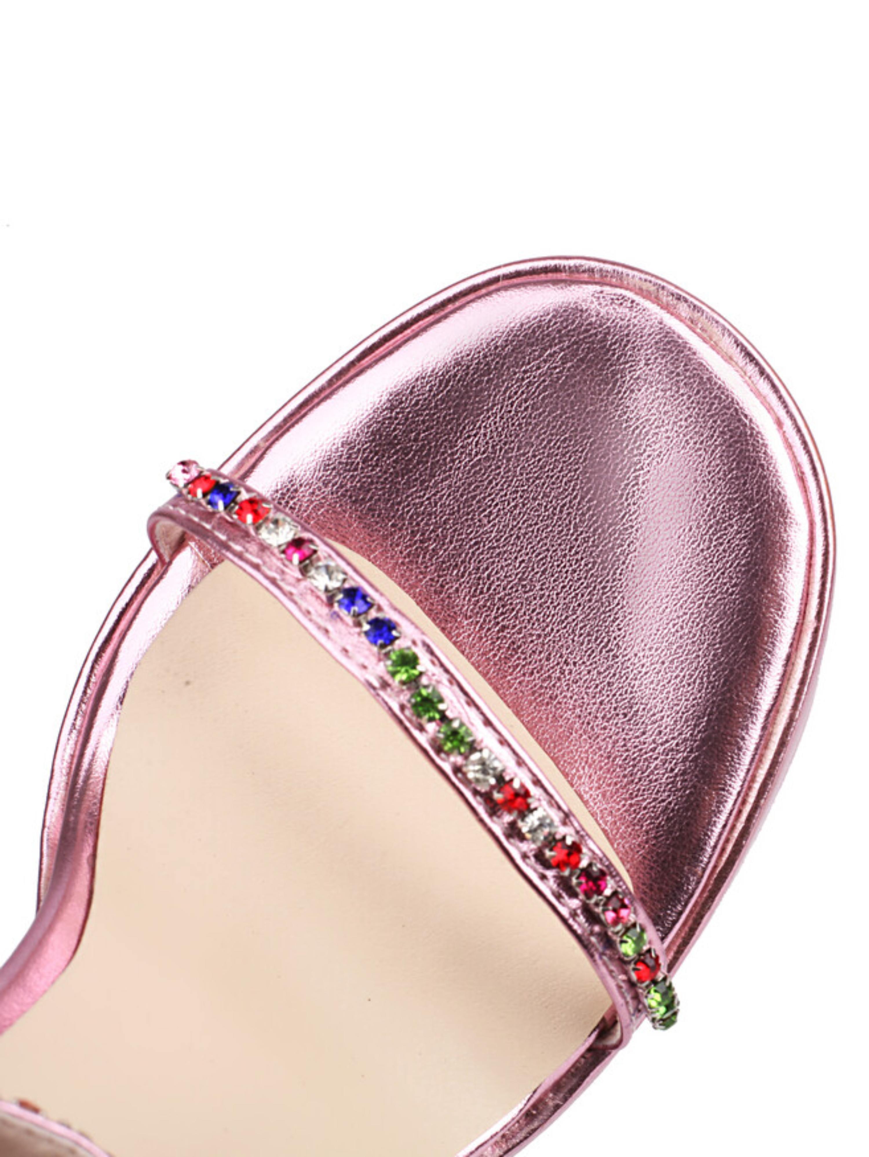 Sparkling Rhinestone One Strap Metallic Pink Sandals for Women