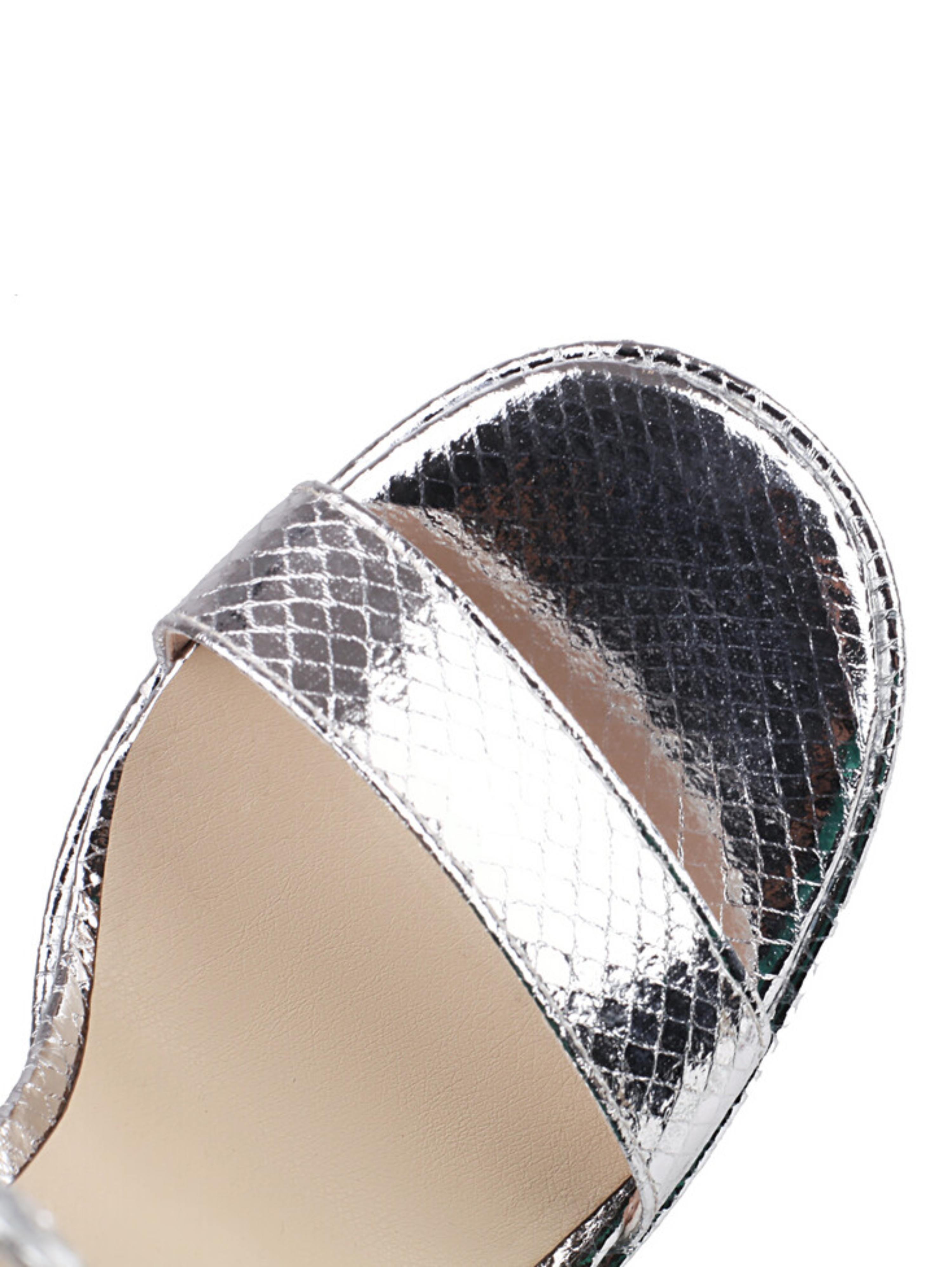 Bold Snake Texture Platform Stiletto Heel Metallic Silver Sandals