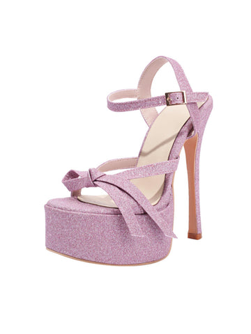 Pink glitter high-heeled sandal with platform