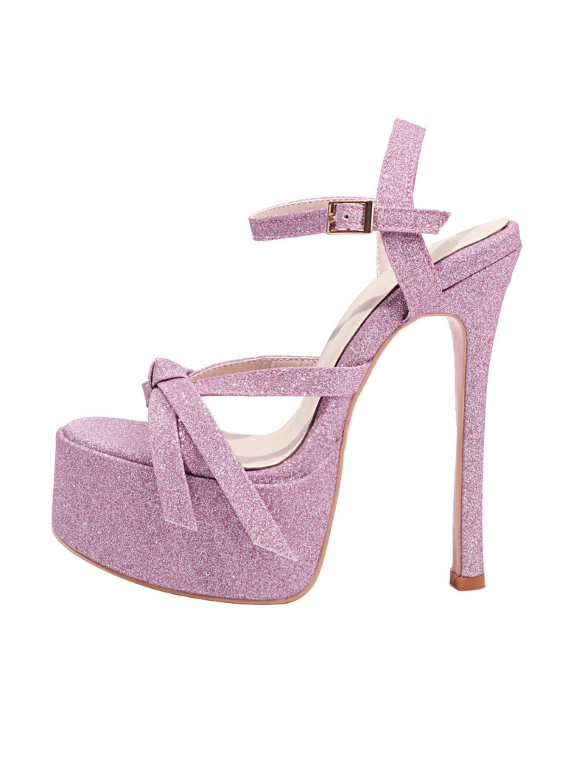 Pink glitter high-heeled sandal with platform sole