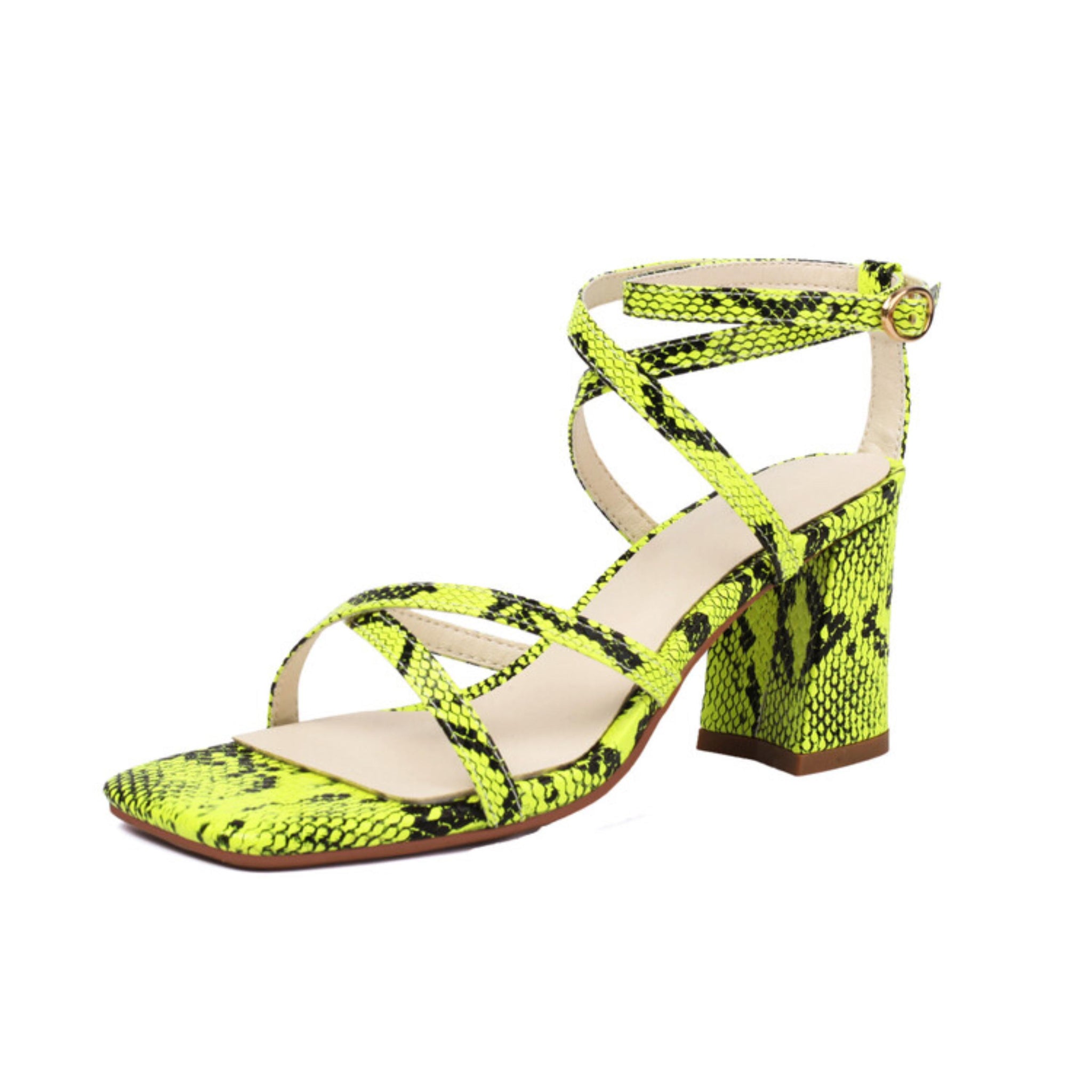 Snake Texture Block Heel Green Sandals for Women