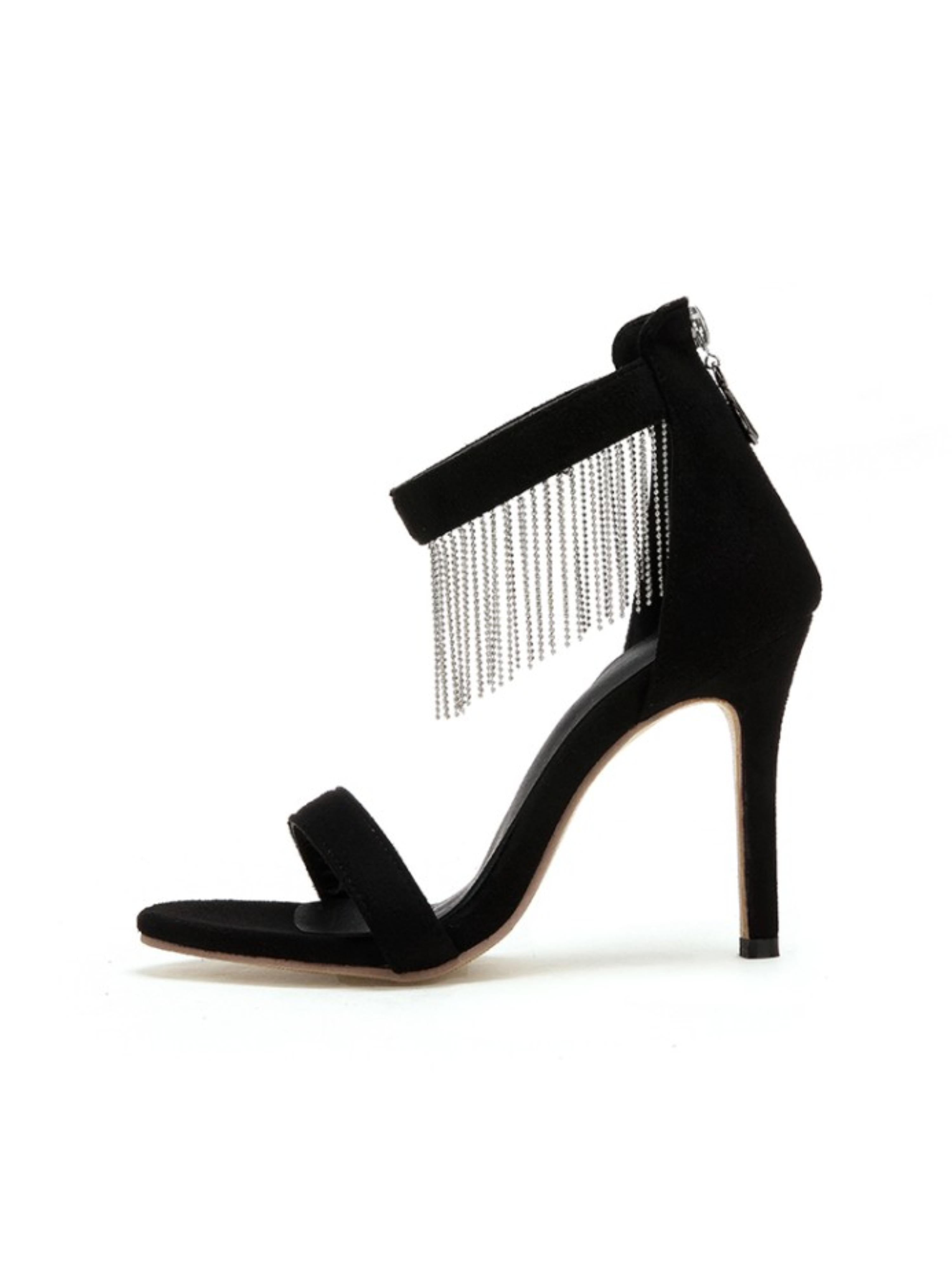 Sparkling Black Rhinestone Strap Stilettos Sandals for Women