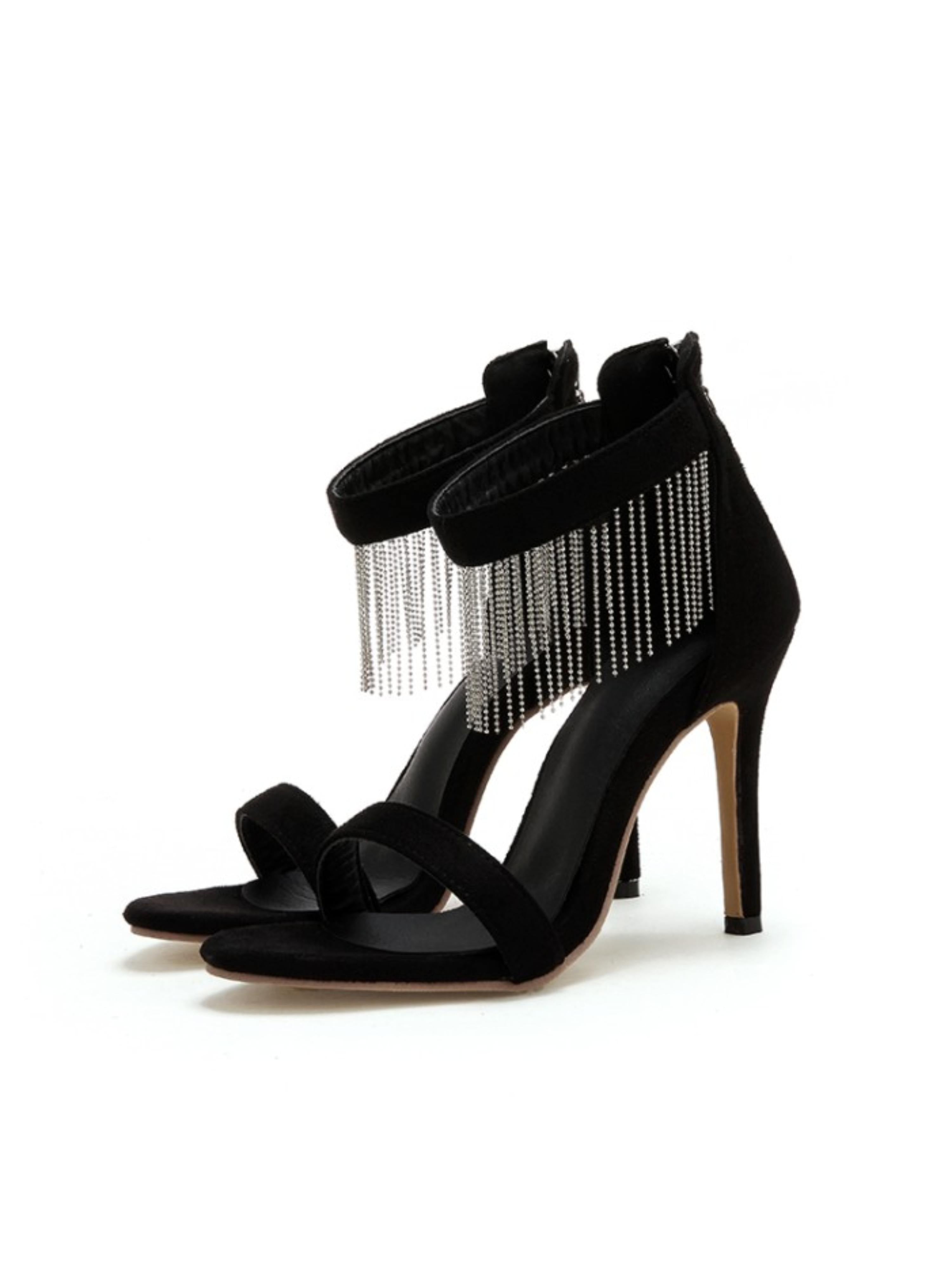 Sparkling Black Rhinestone Strap Stilettos Sandals for Women