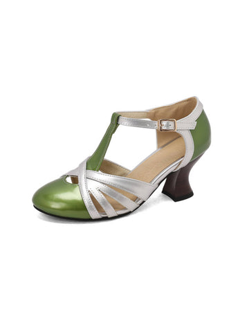 Classic Two-Tone T-Strap Mid Heel Sandals for Women