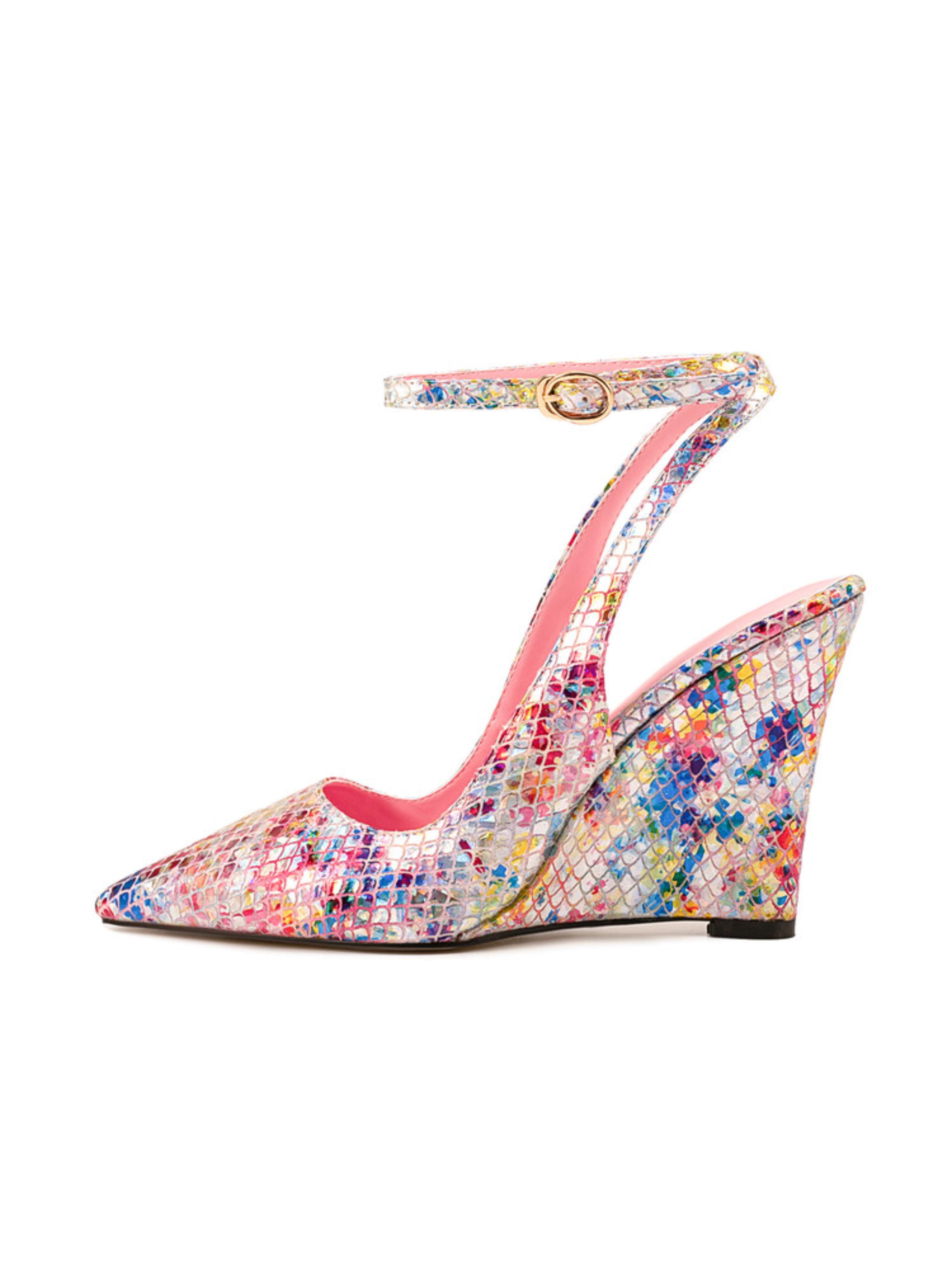 Snakeskin Texture with A Holographic Wedge Sandals for Women