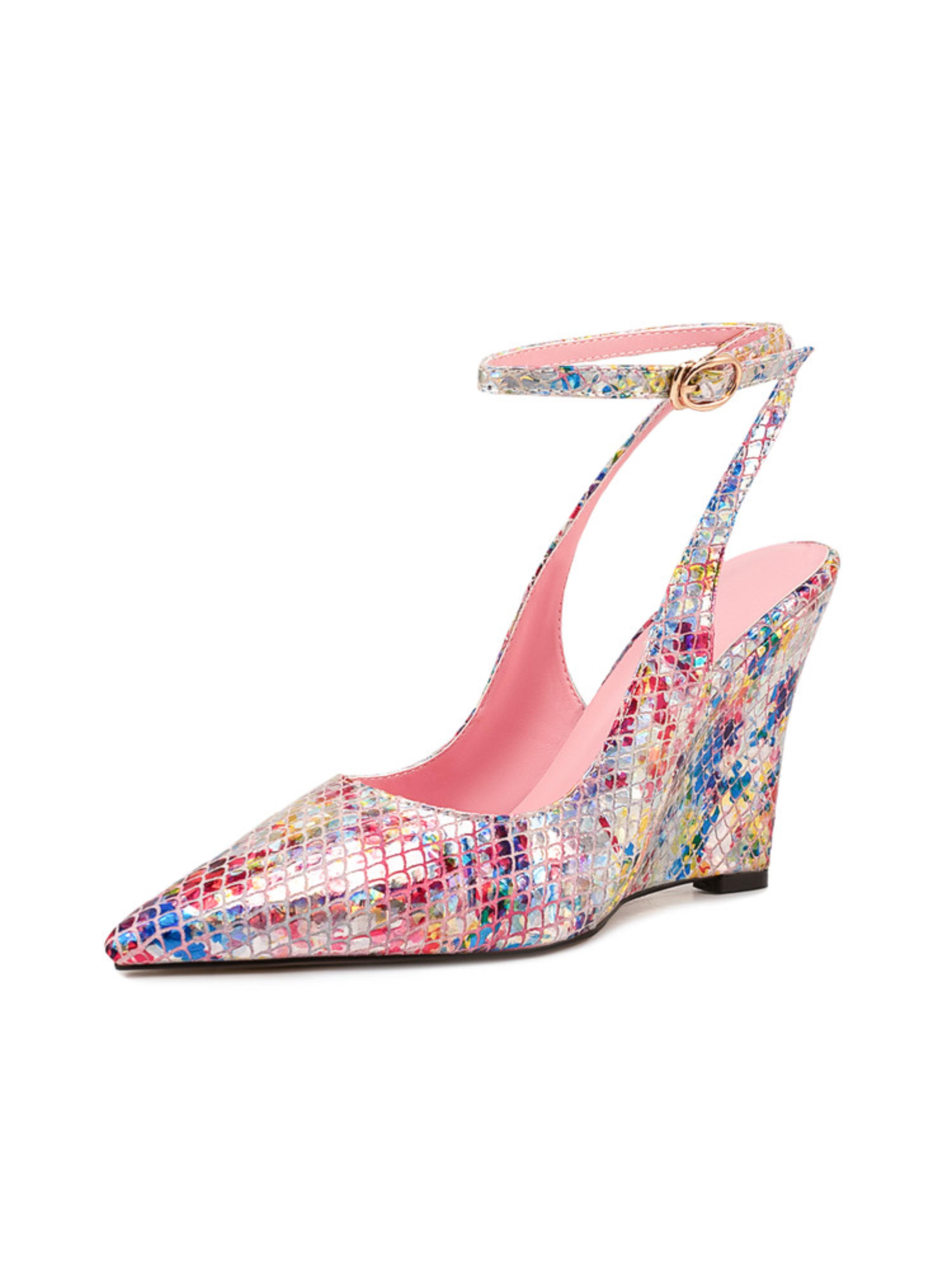 Snakeskin Texture with A Holographic Wedge Sandals for Women