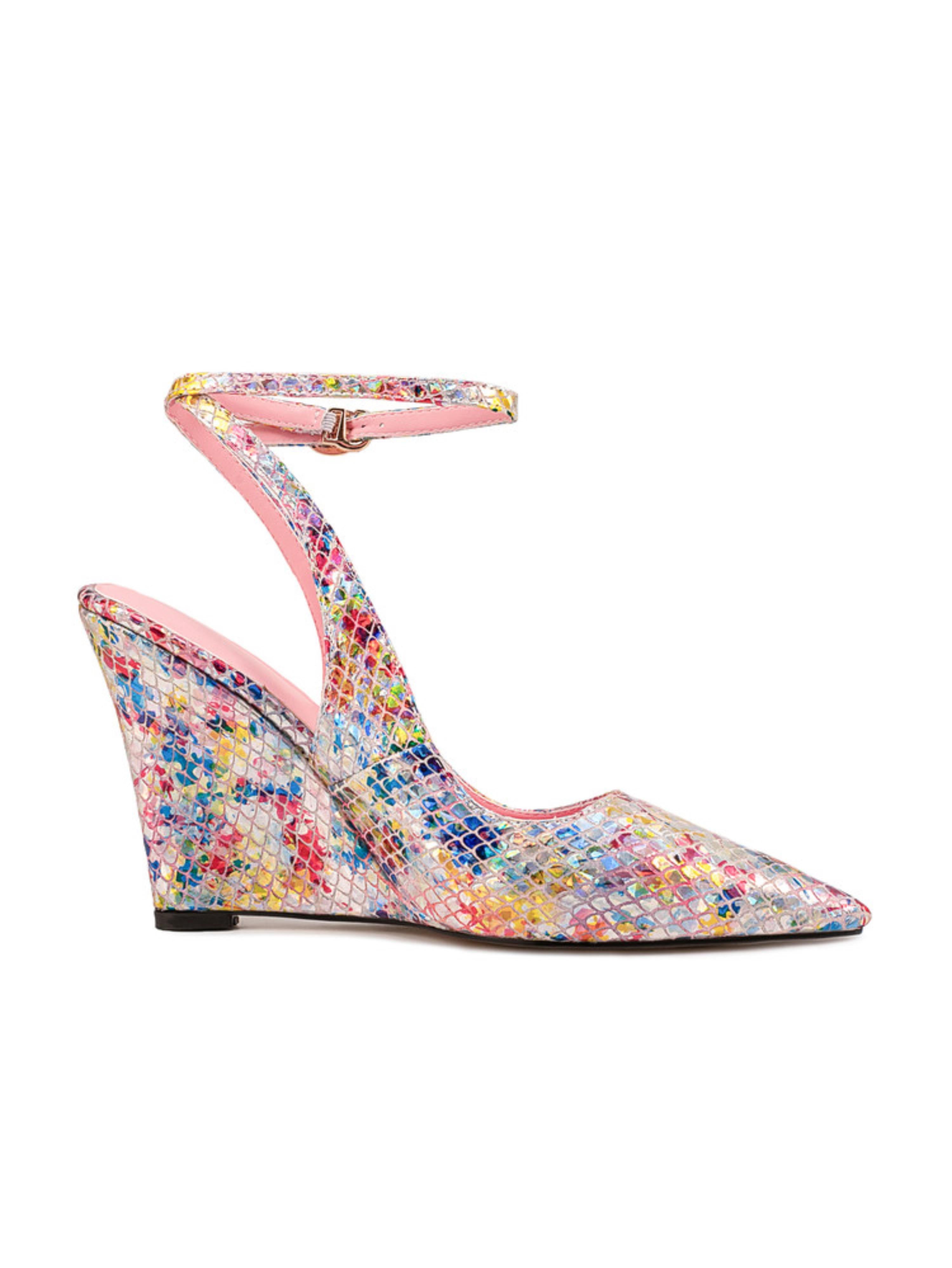 Snakeskin Texture with A Holographic Wedge Sandals for Women