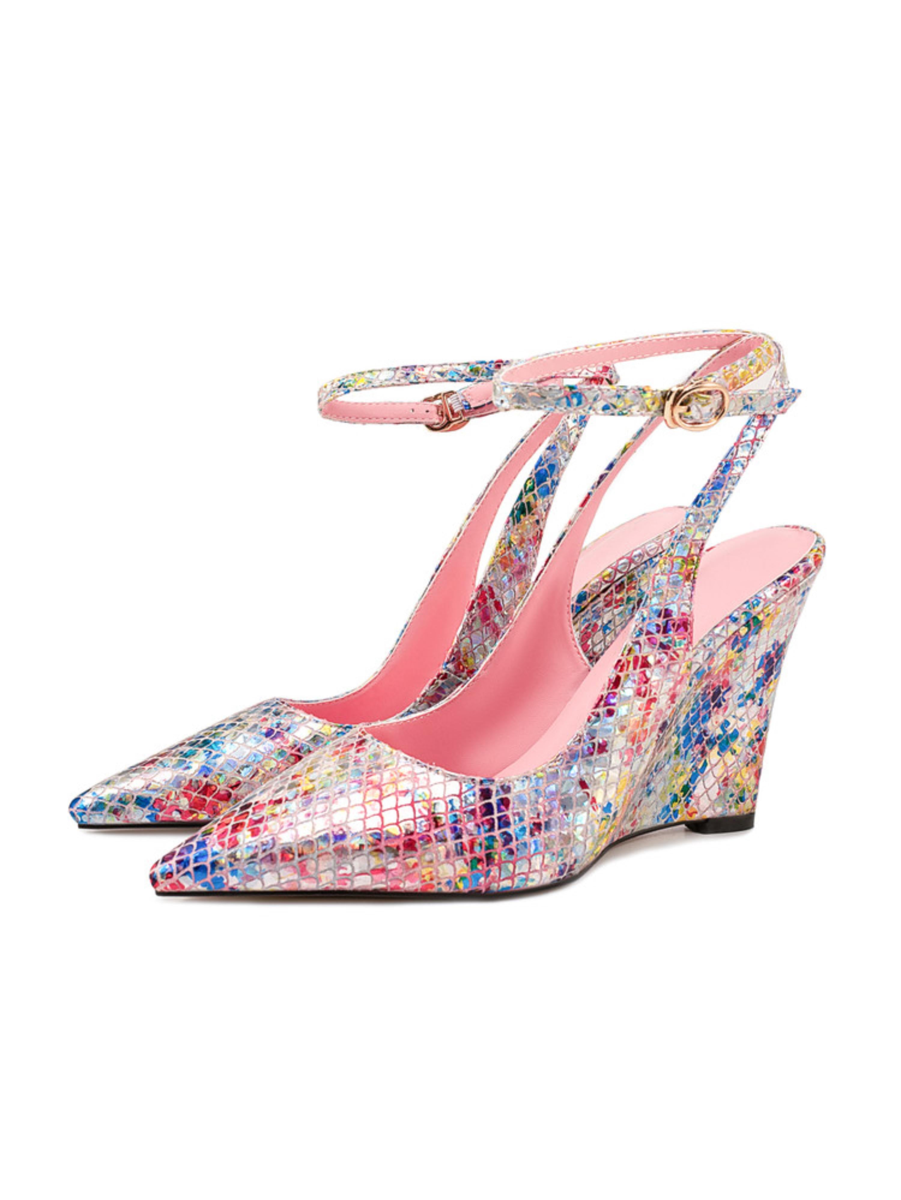 Snakeskin Texture with A Holographic Wedge Sandals for Women