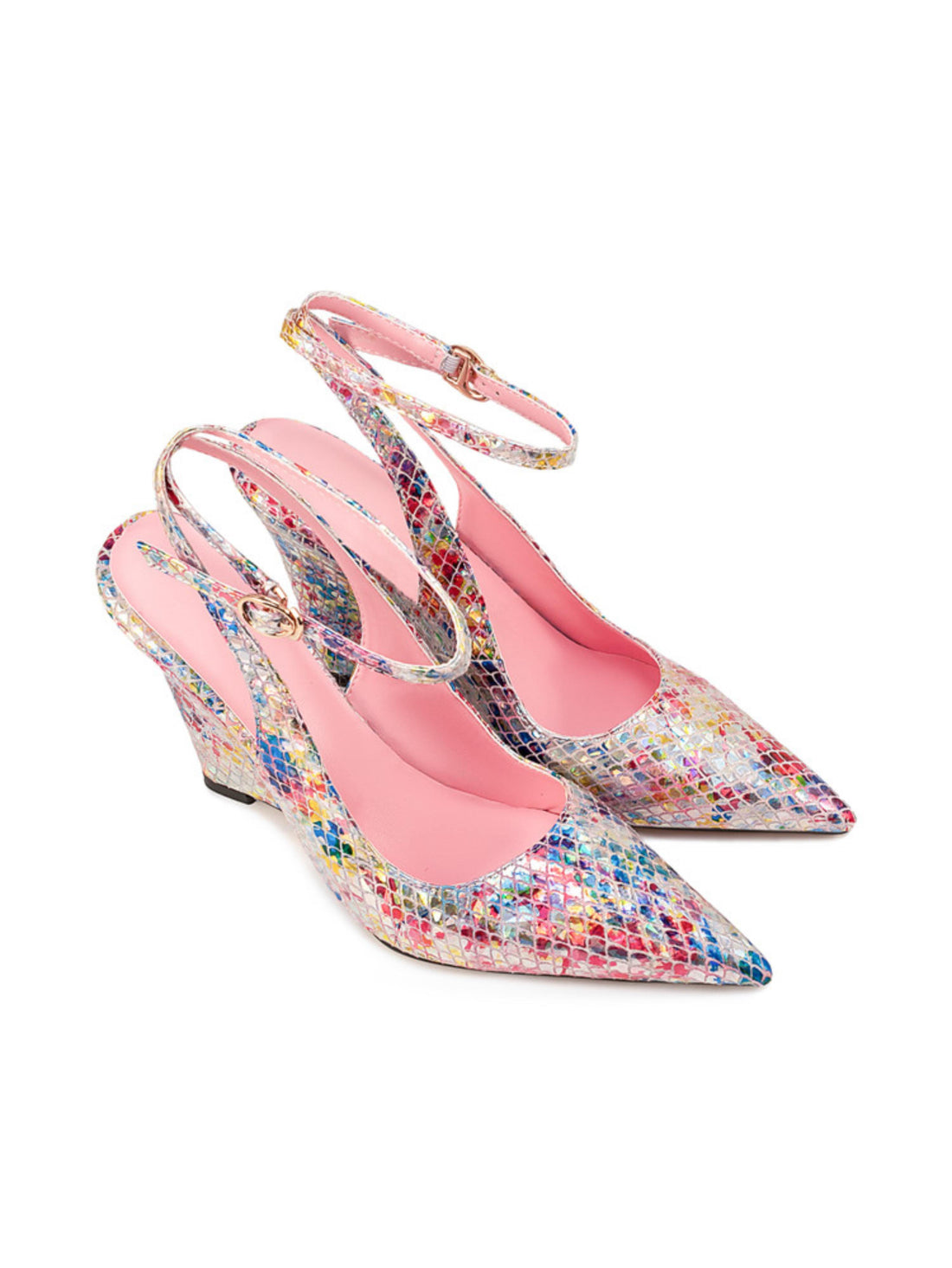 Snakeskin Texture with A Holographic Wedge Sandals for Women