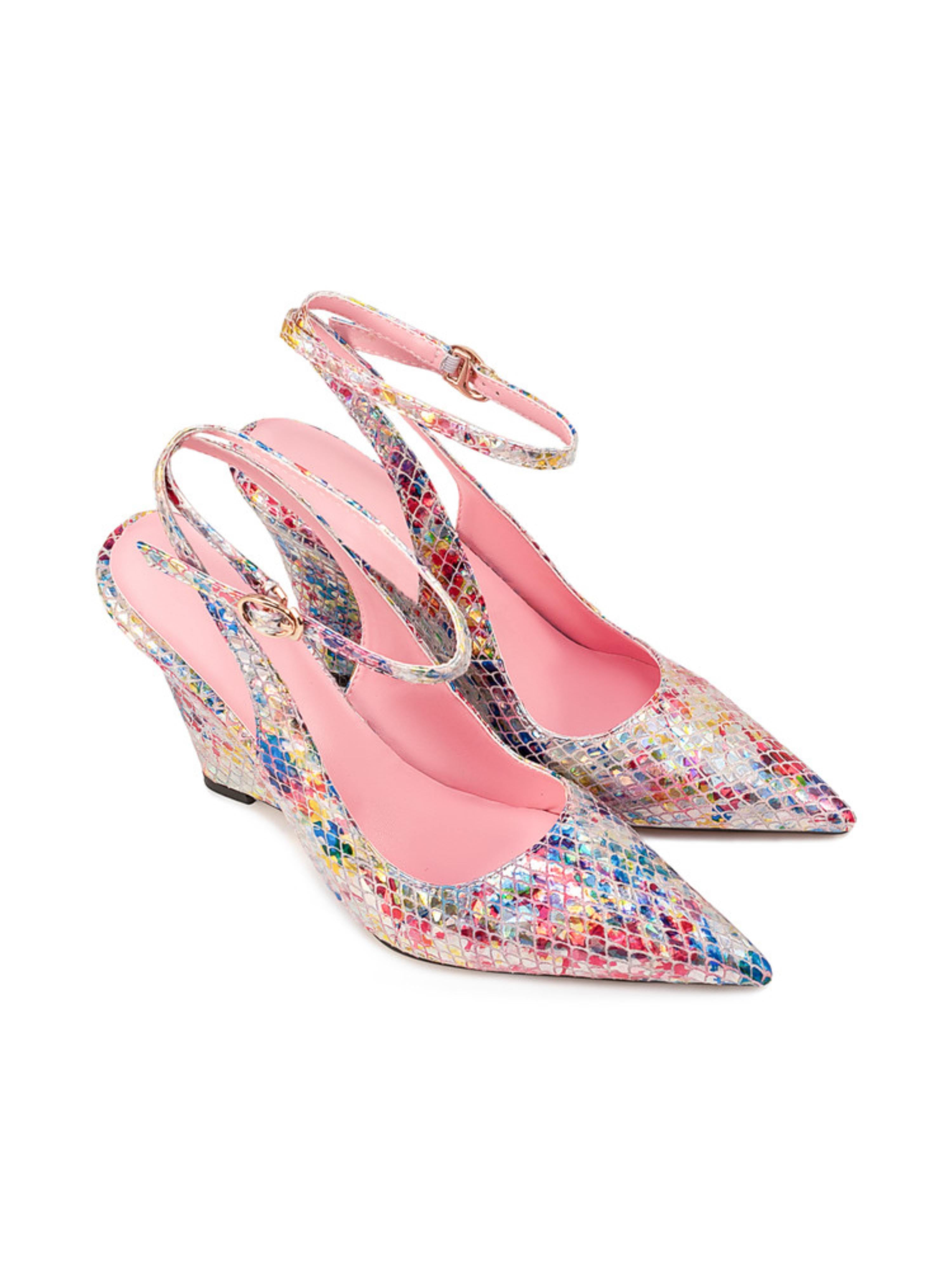 Snakeskin Texture with A Holographic Wedge Sandals for Women