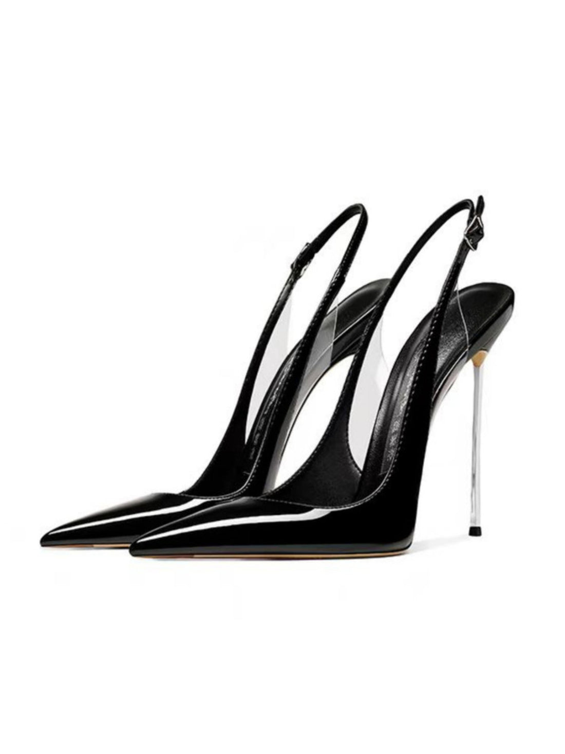 Black high-heeled shoes with slingback design