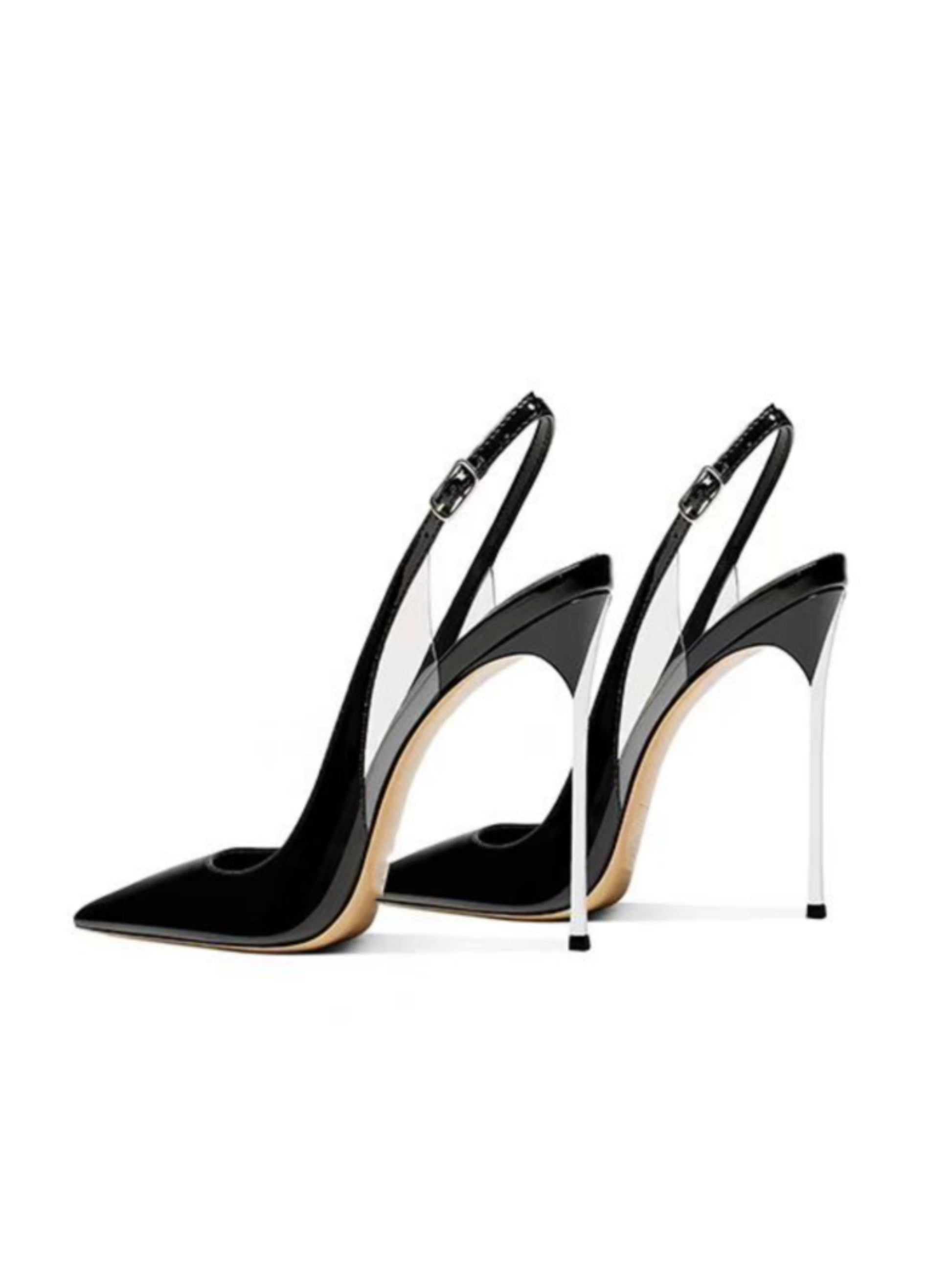 Black high-heeled shoes with thin straps