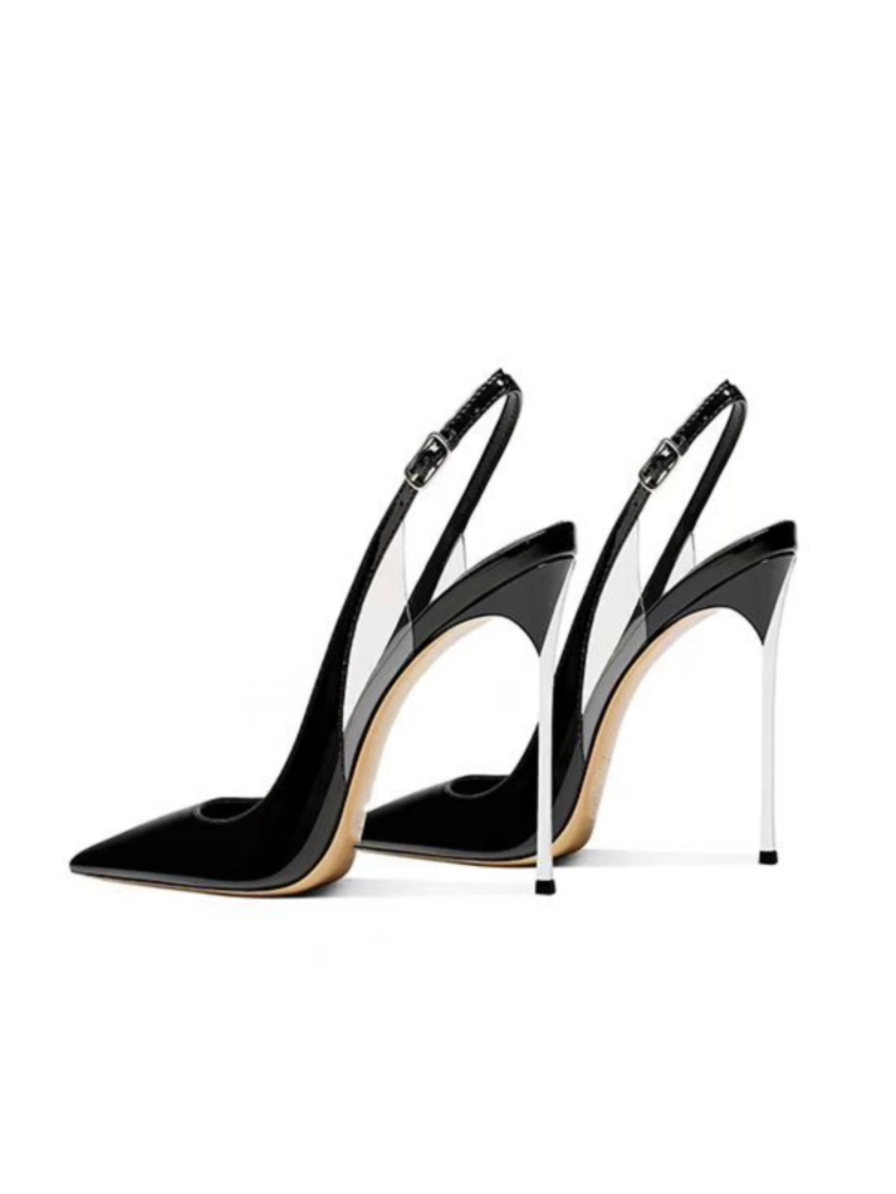 Black high-heeled shoes with thin straps