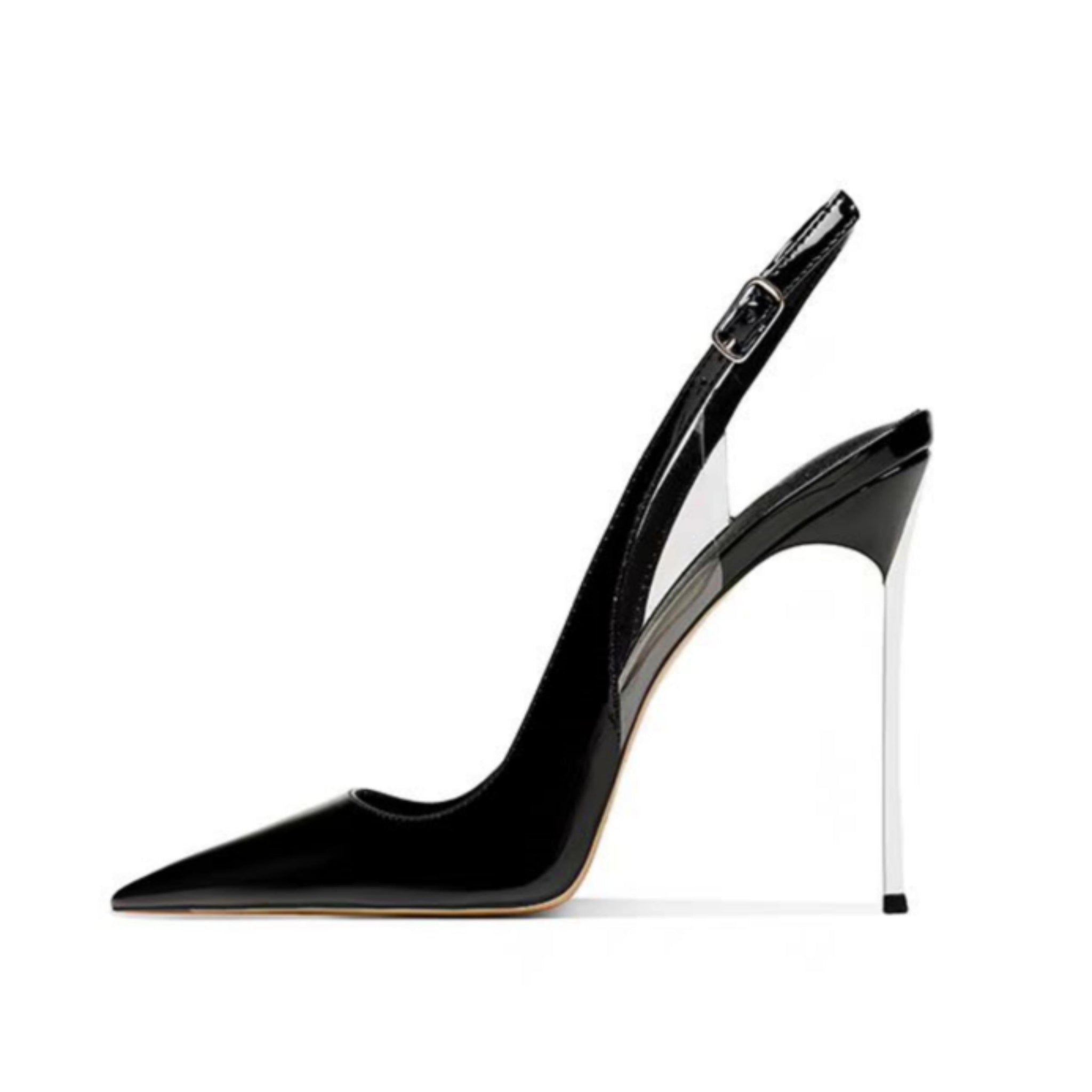 Black high-heeled shoes with slingback design