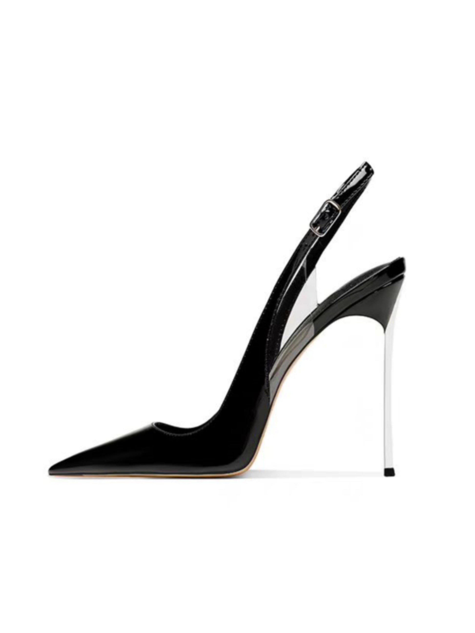 Black high-heeled shoes with slingback design