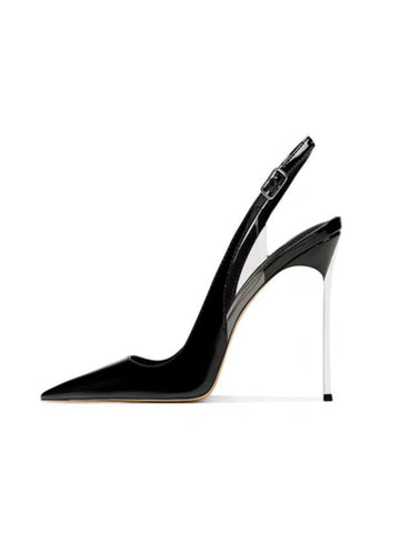 Black high-heeled shoes with slingback design