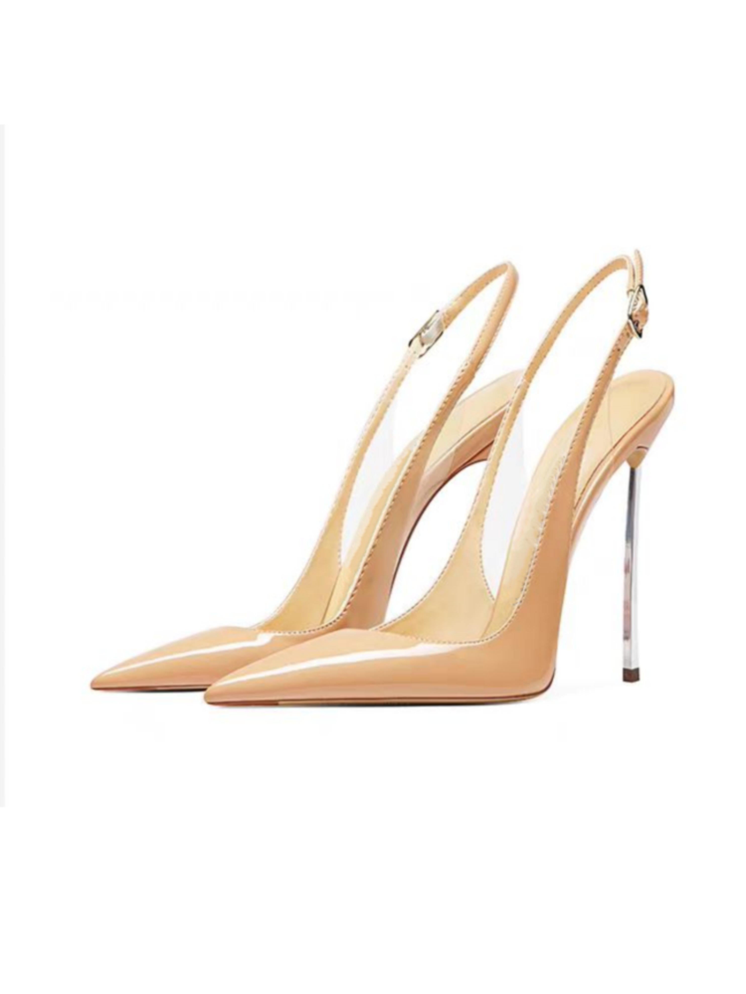 Pair of beige high-heeled slingback shoes