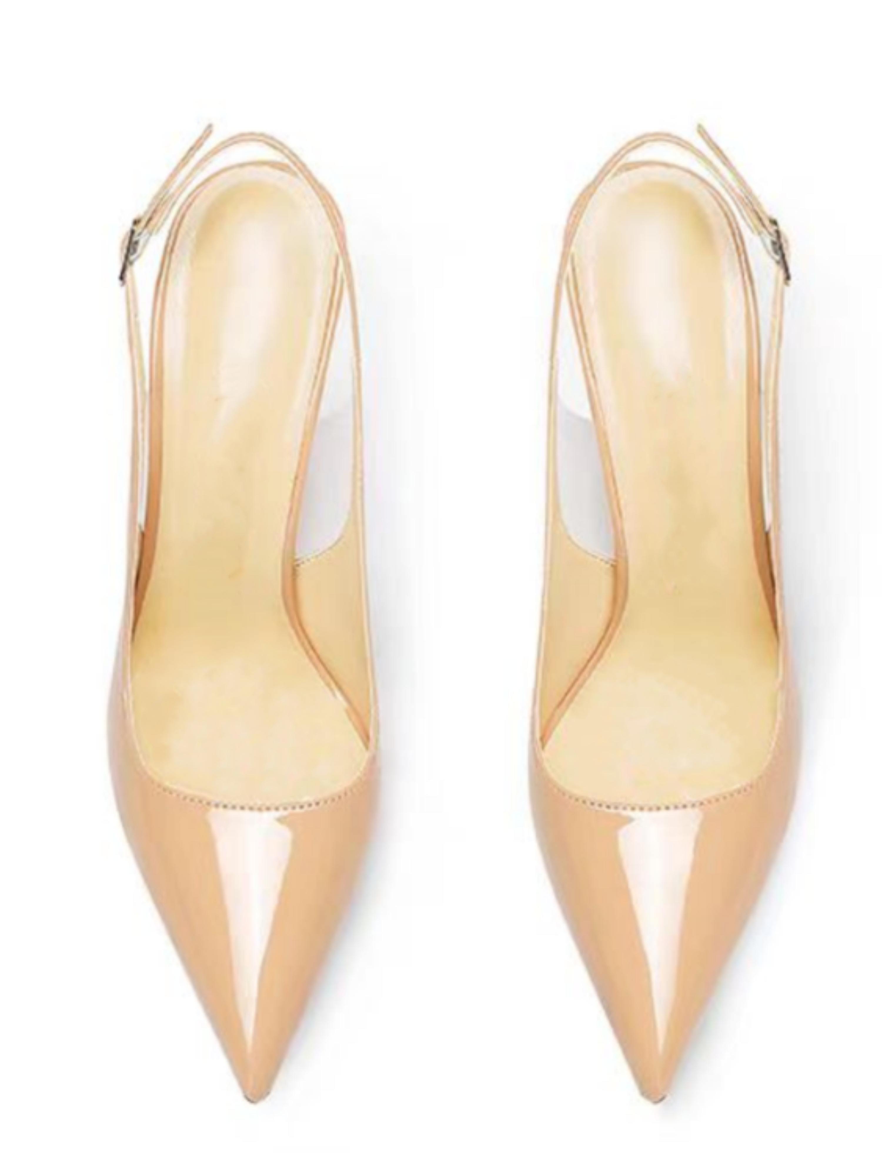 Elegant Beige Patent Leather Slingback Heels Women Sandals