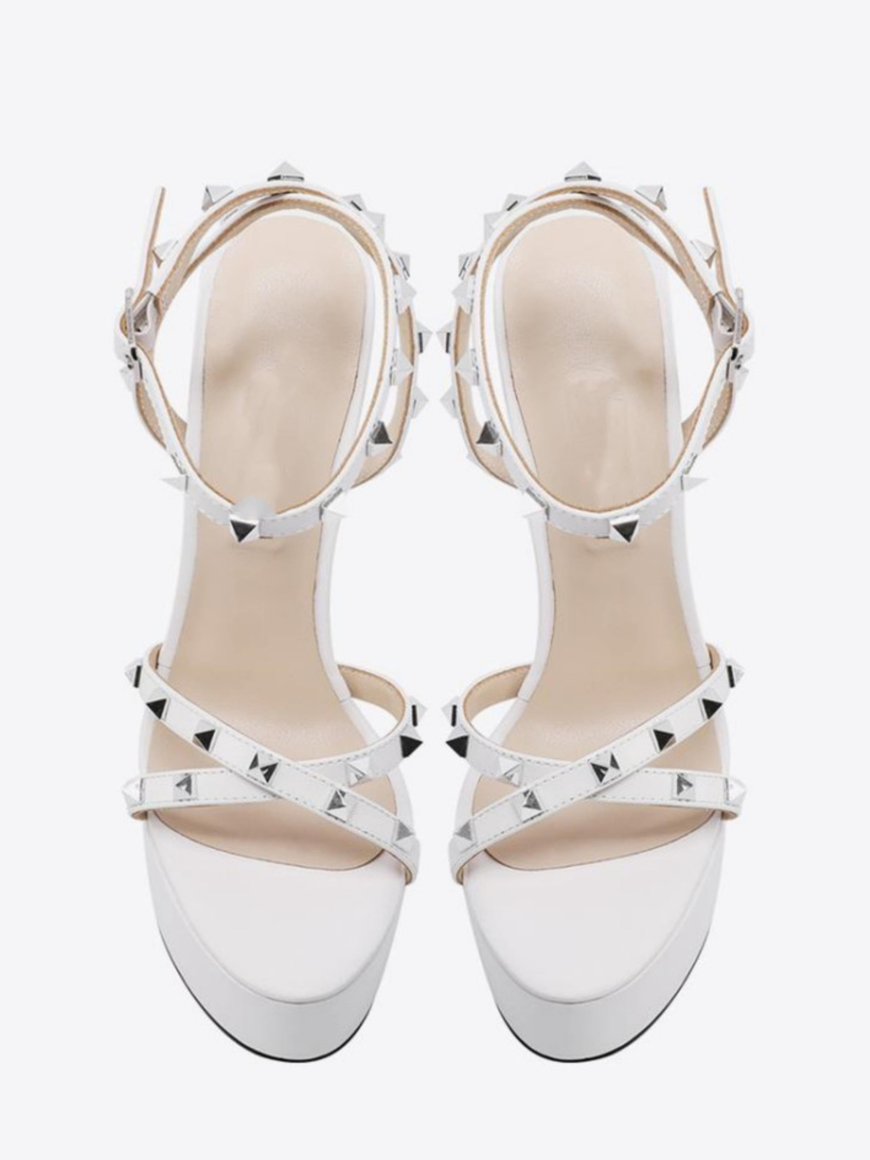 White Sandals Women with Silver Pyramid Studs
