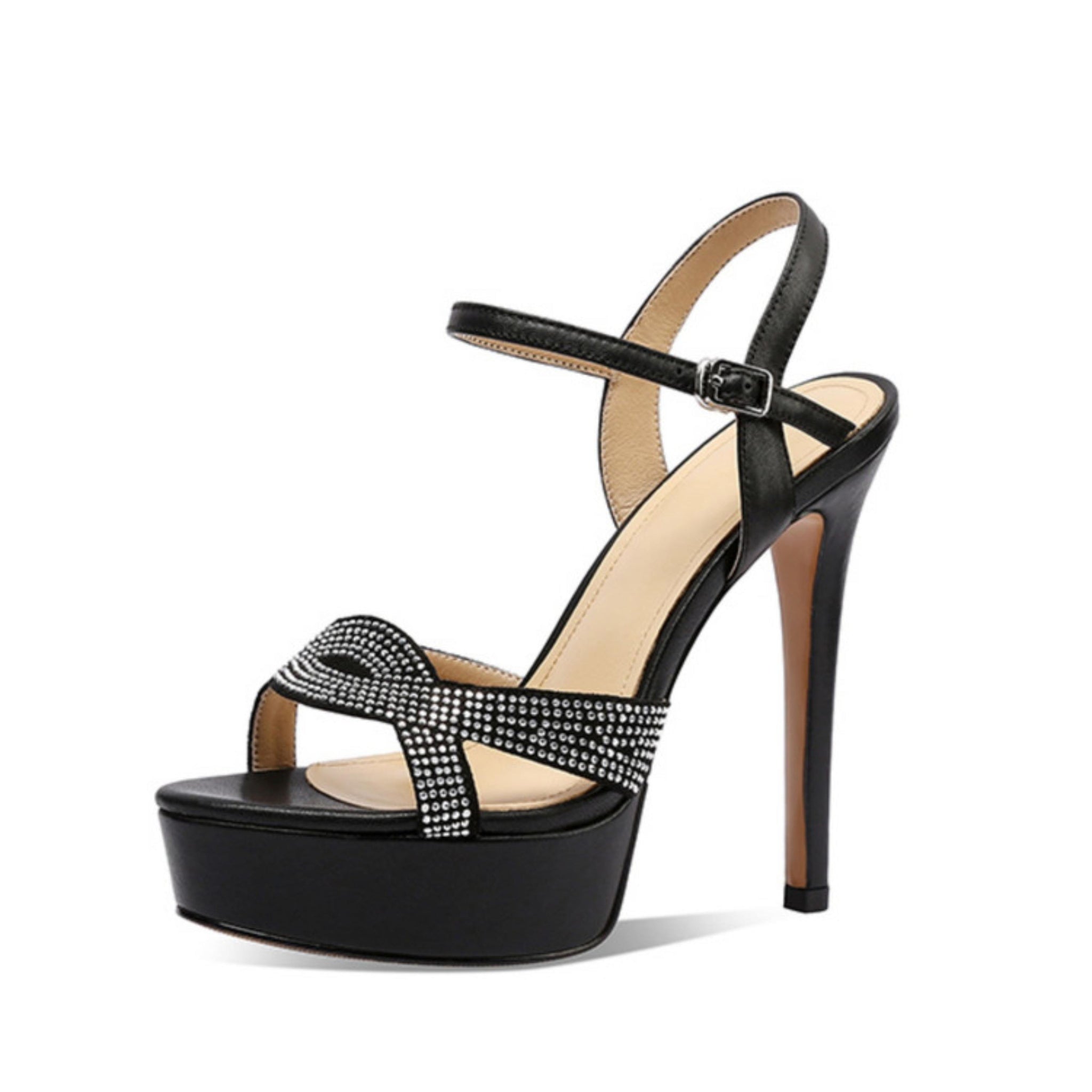 Rhinestone-Embellished Black Platform Sandals for Women