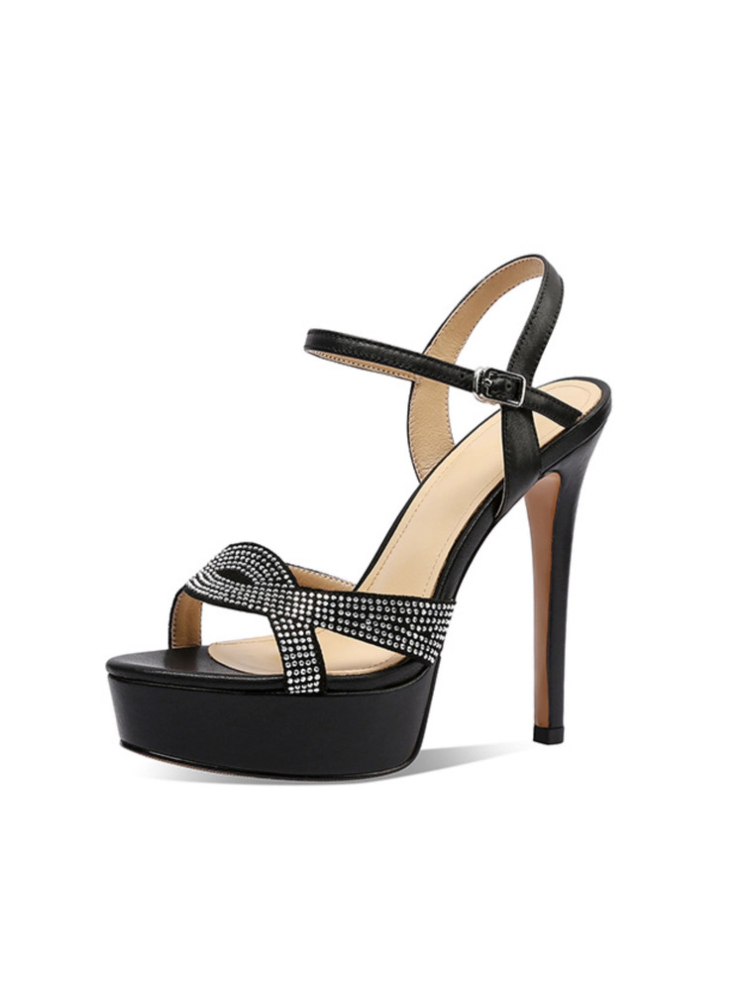 Rhinestone-Embellished Black Platform Sandals for Women