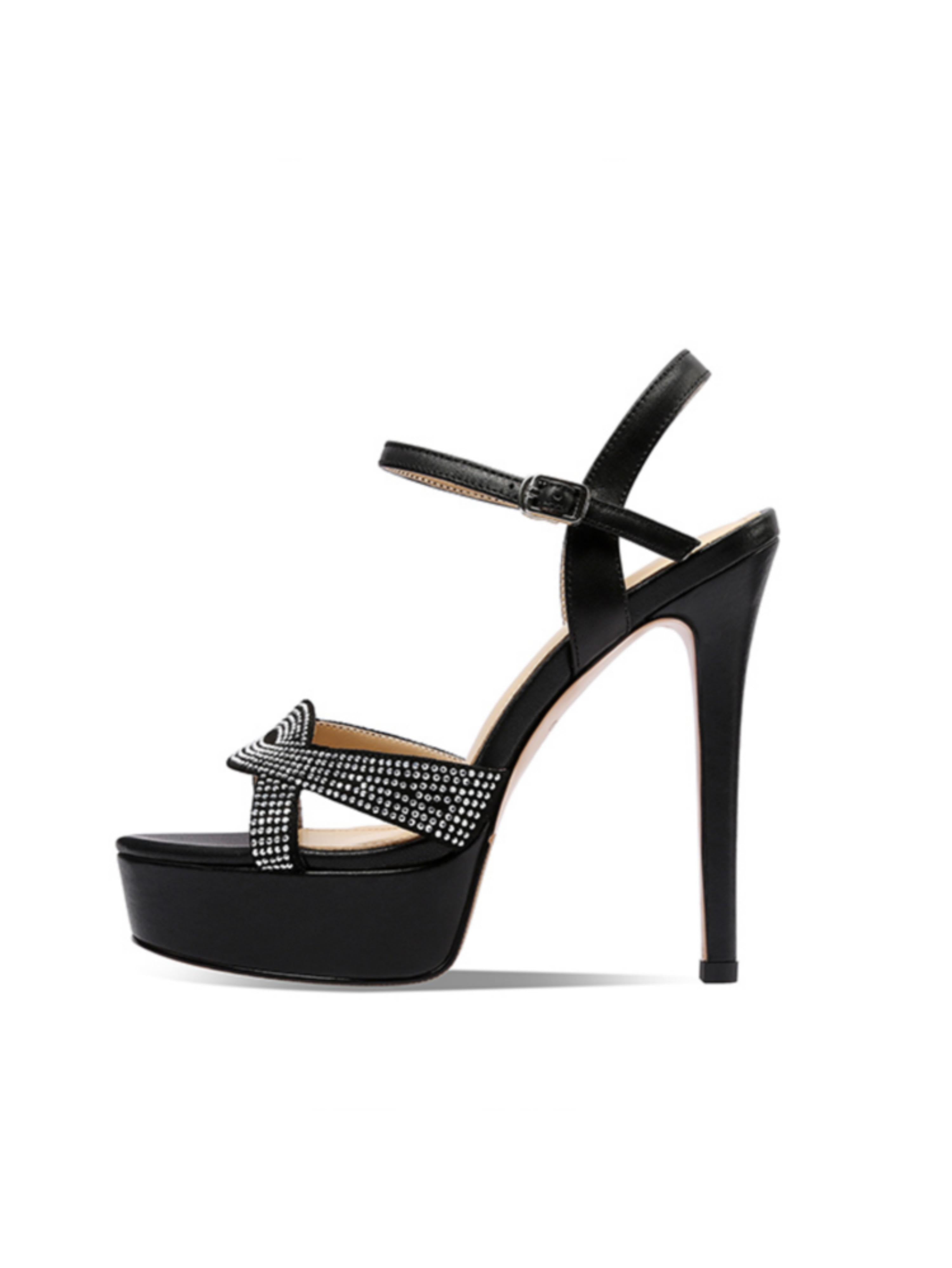 Rhinestone-Embellished Black Platform Sandals for Women