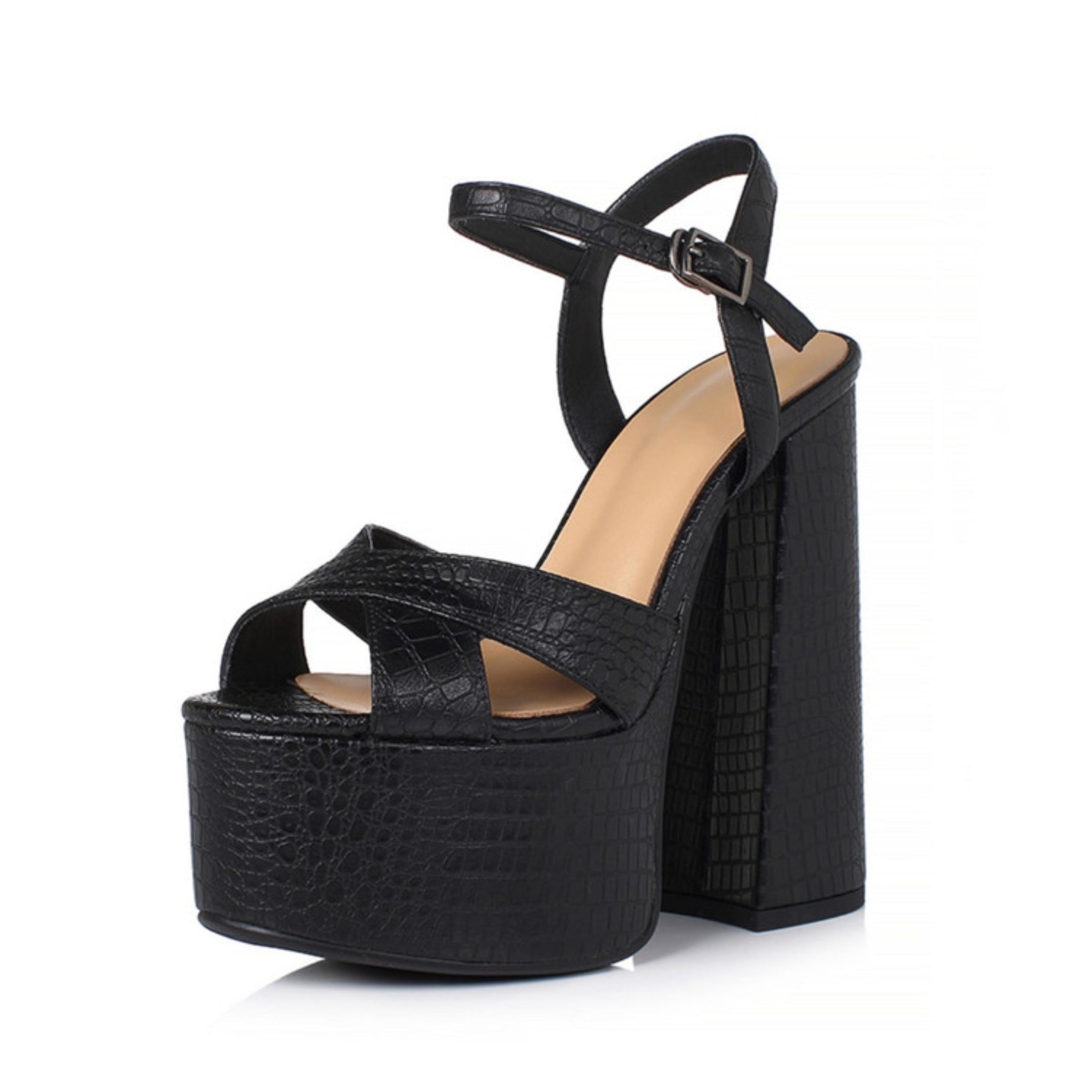 Croc-Embossed Cross Strap Black Platform Sandals for Women