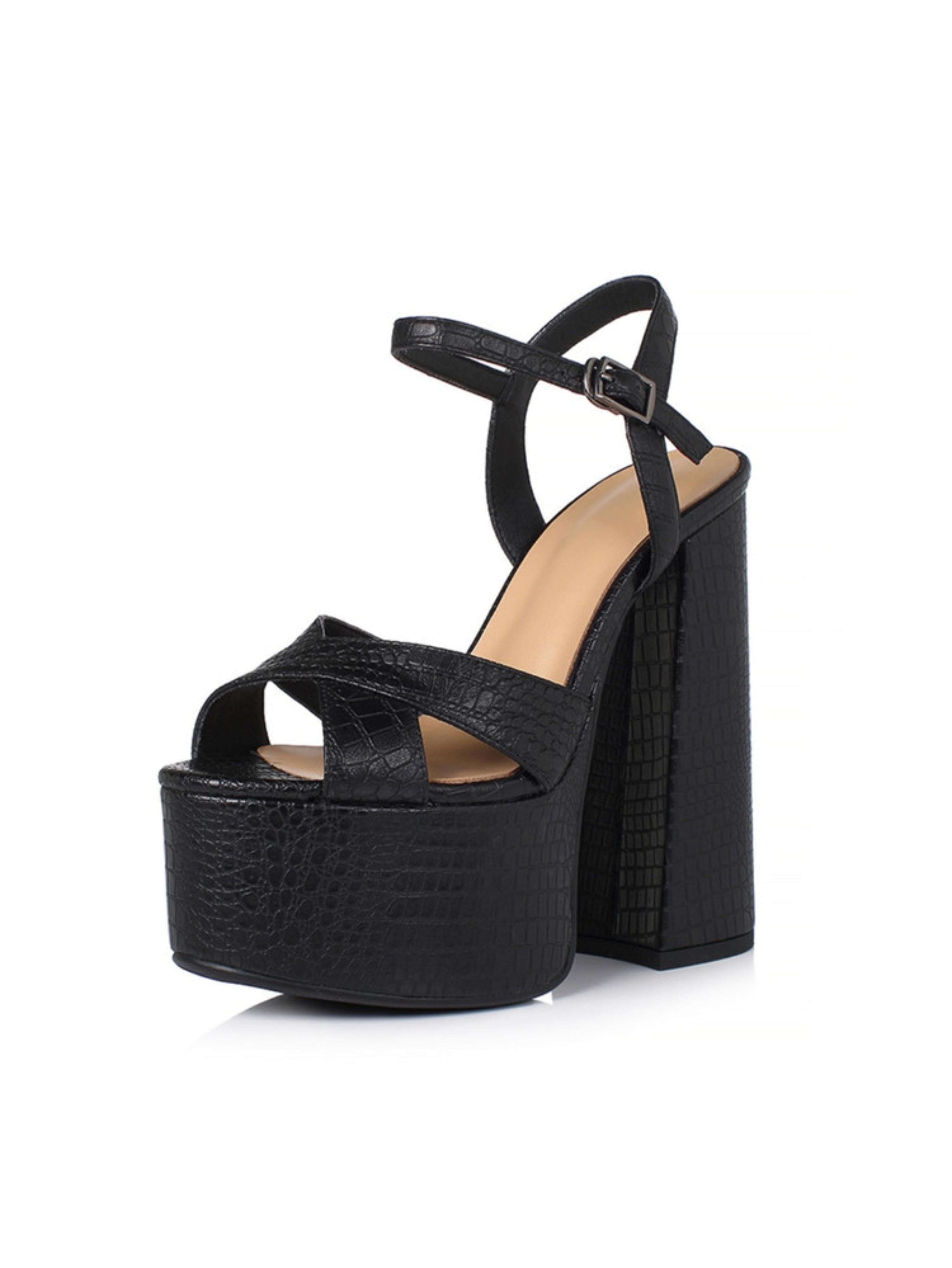 Croc-Embossed Cross Strap Black Platform Sandals for Women