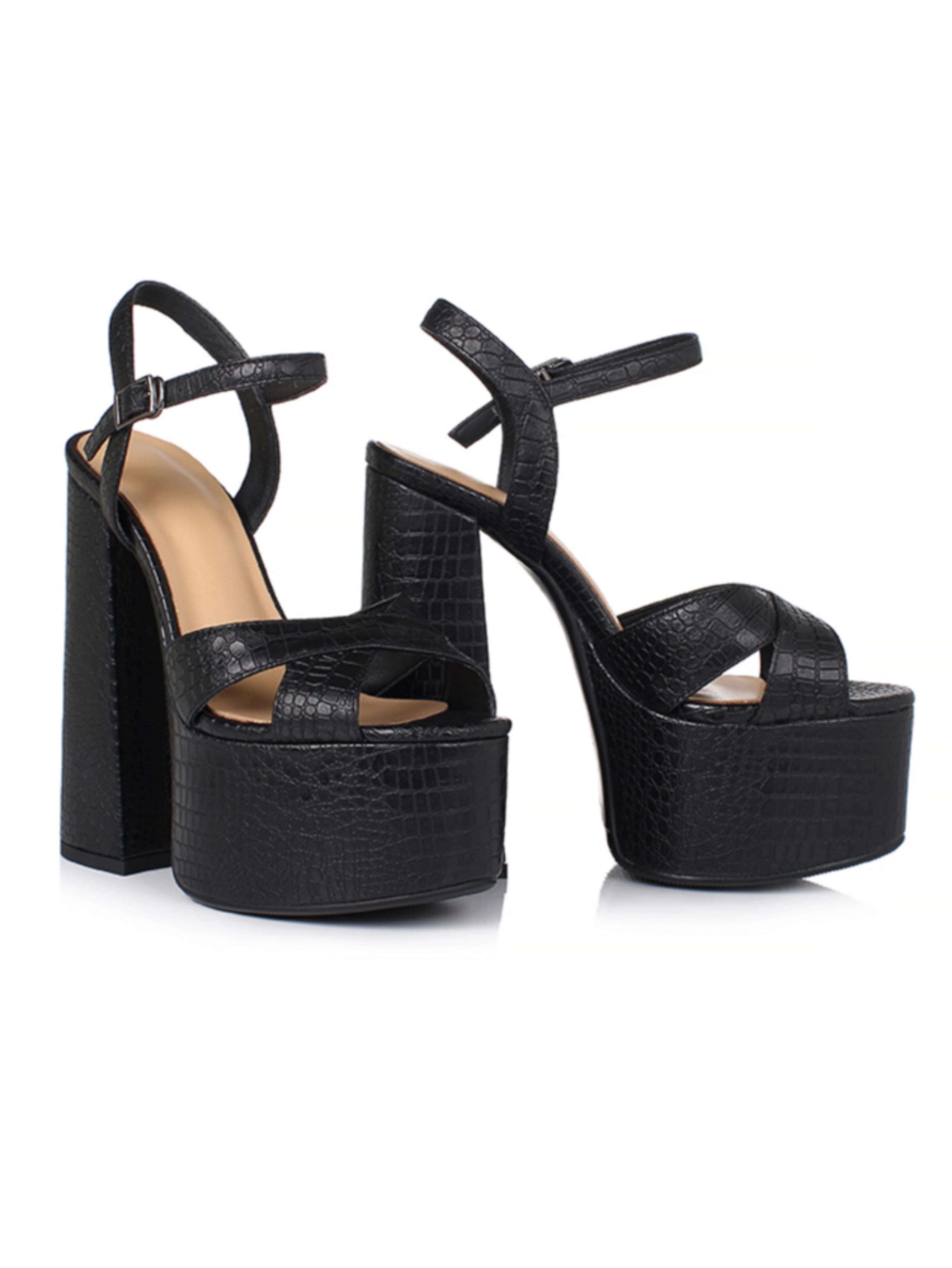 Croc-Embossed Cross Strap Black Platform Sandals for Women