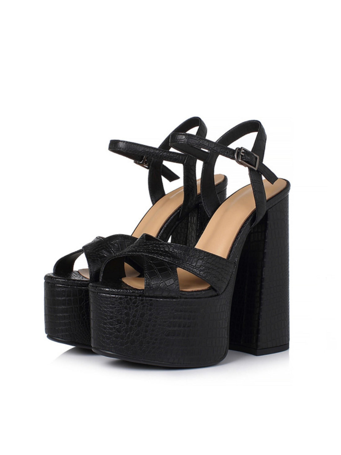 Croc-Embossed Cross Strap Black Platform Sandals for Women