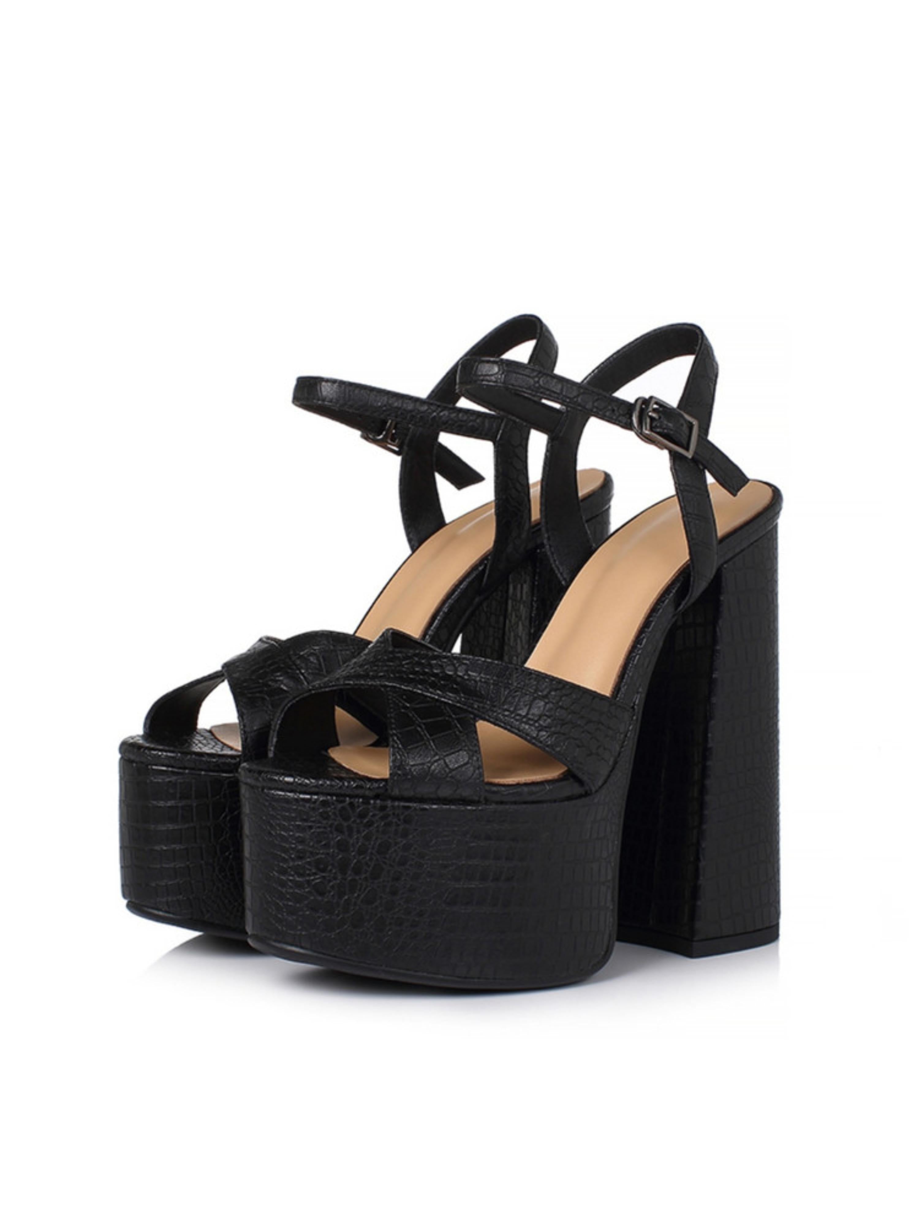 Croc-Embossed Cross Strap Black Platform Sandals for Women