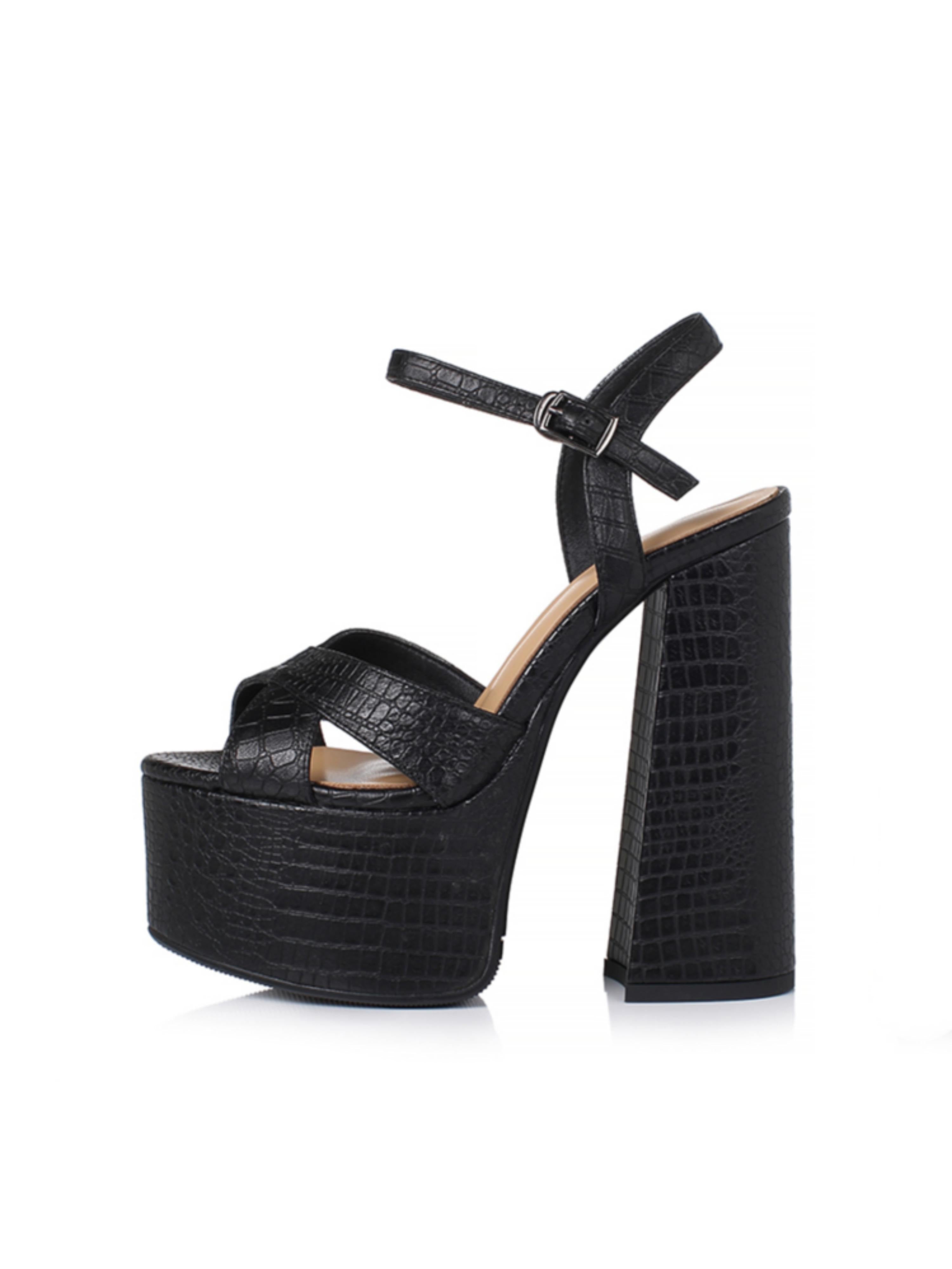 Croc-Embossed Cross Strap Black Platform Sandals for Women