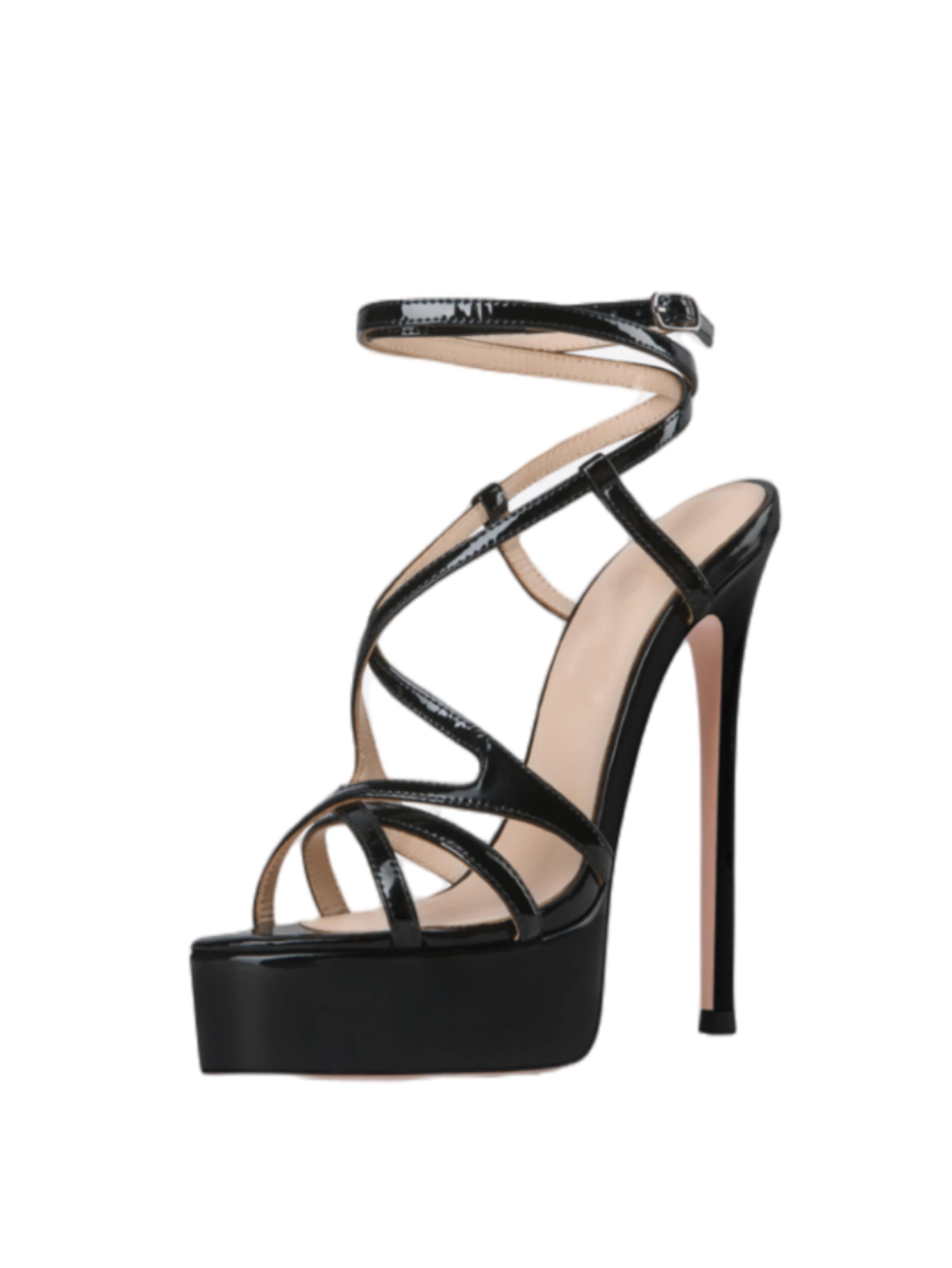 Black Strappy Stiletto High Heel Sandals for Women