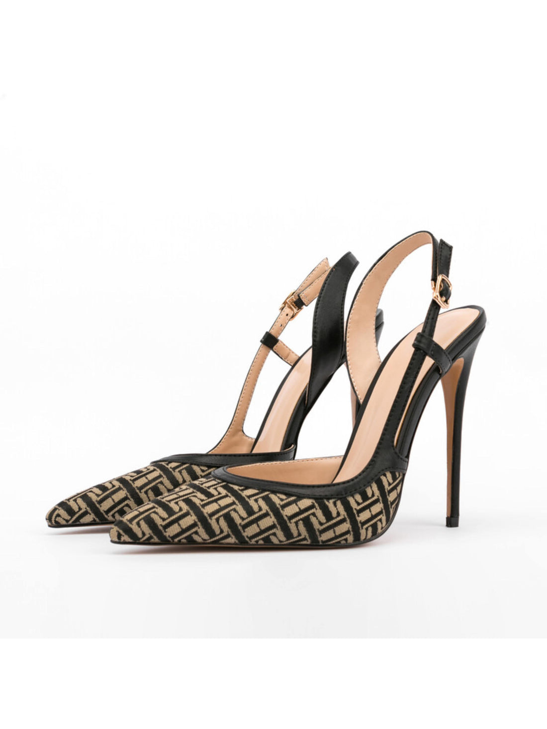 Black high-heeled shoes with gold pattern
