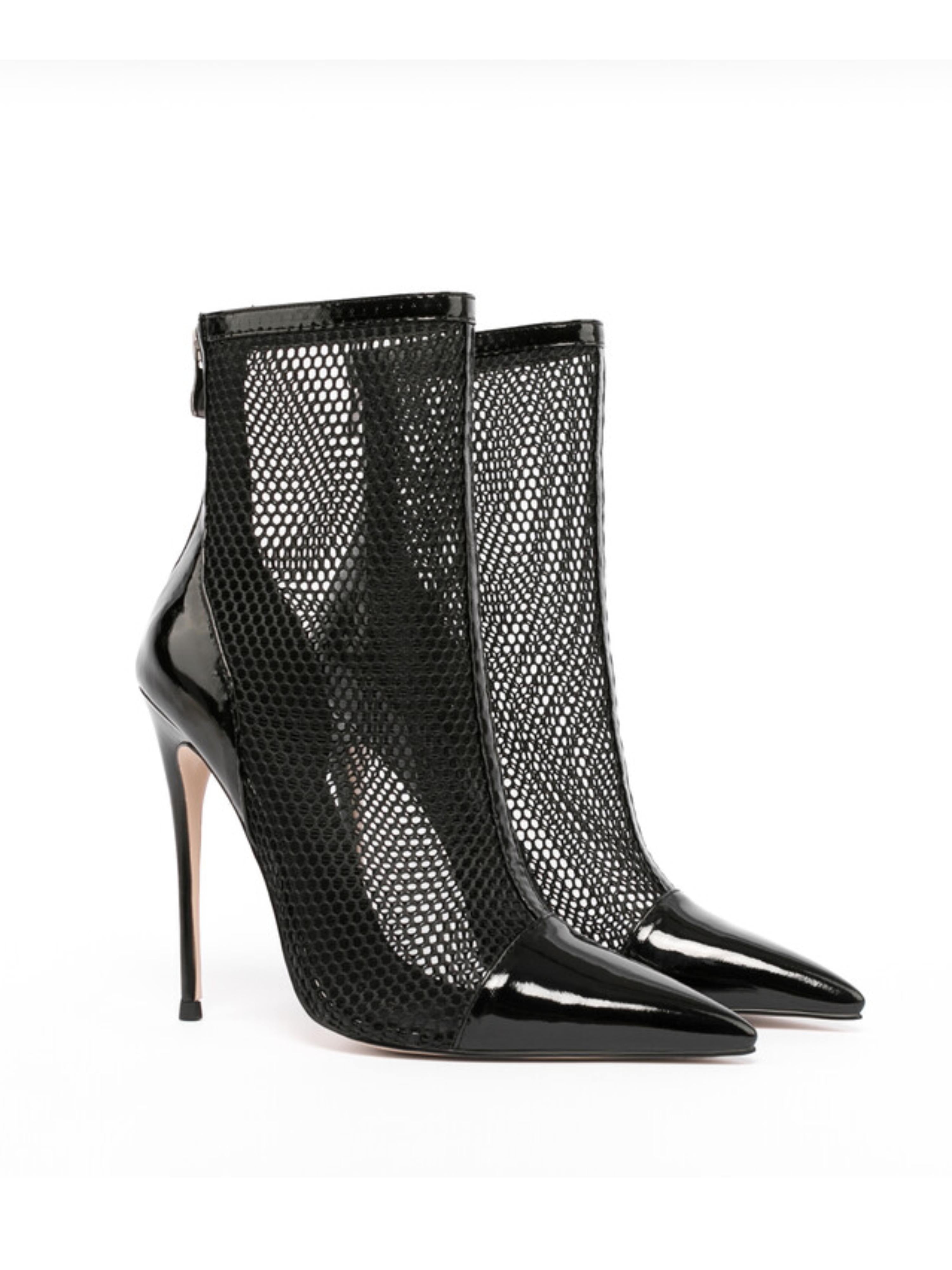 Fishnet & Patent Leather Ankle Bootie Heels Sandals for Women Black