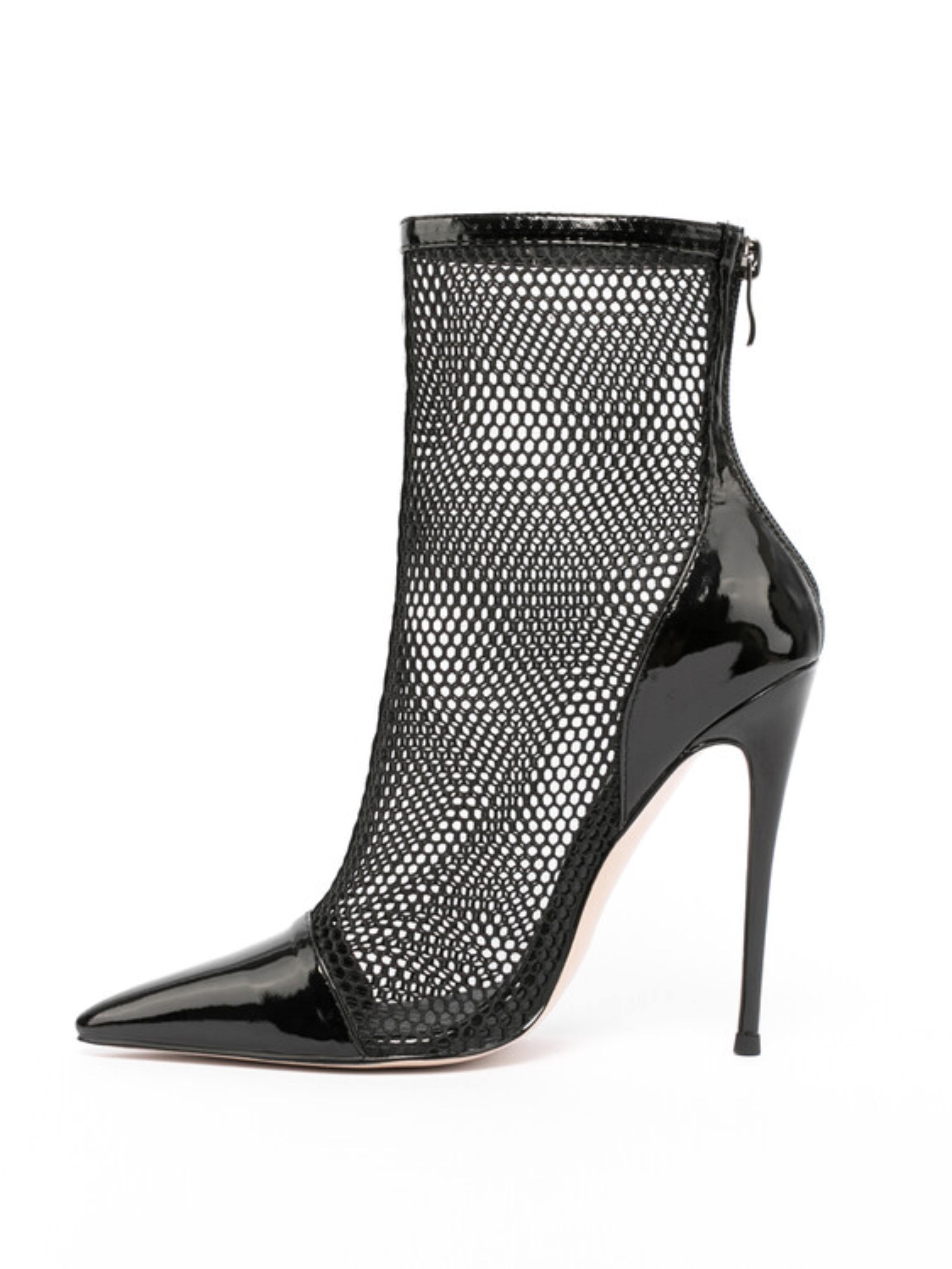 Fishnet & Patent Leather Ankle Bootie Heels Sandals for Women Black